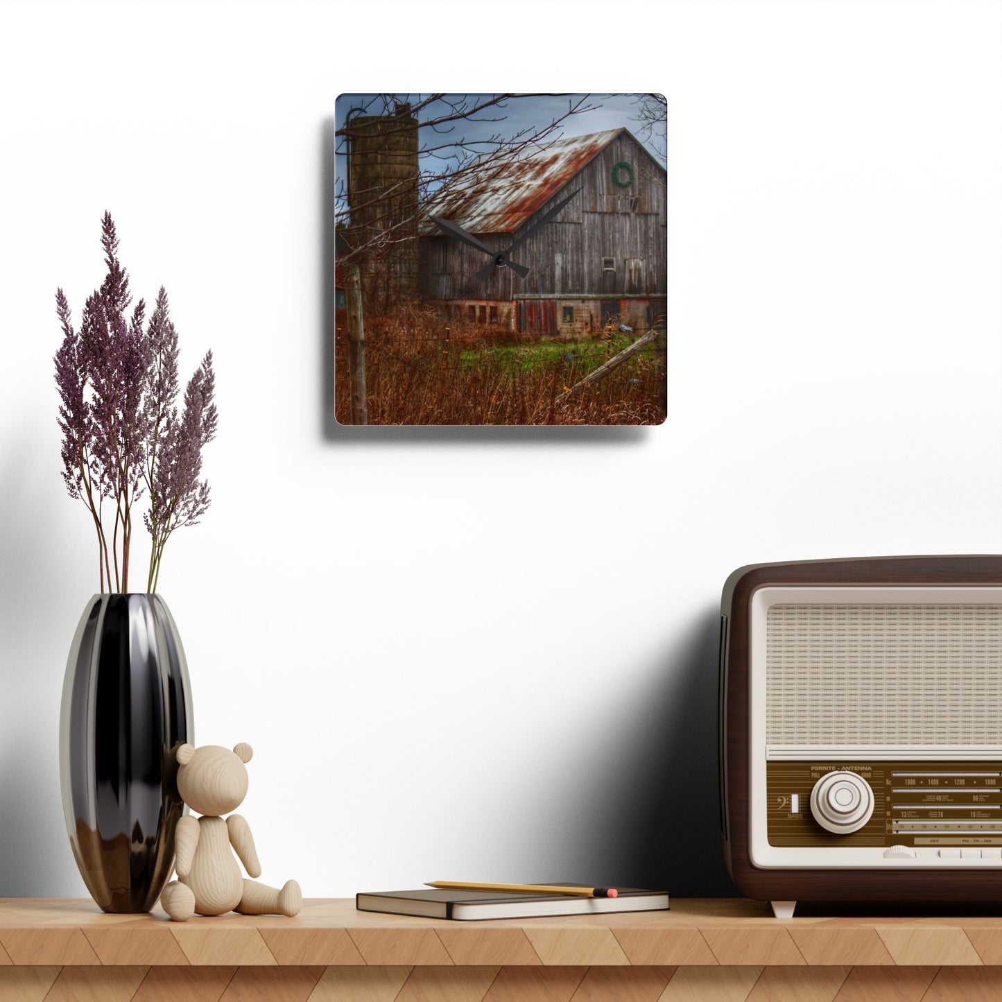 U R There Photography Churchill Christmas Barn II Rustic Farmhouse Acrylic Analog Wall Clock