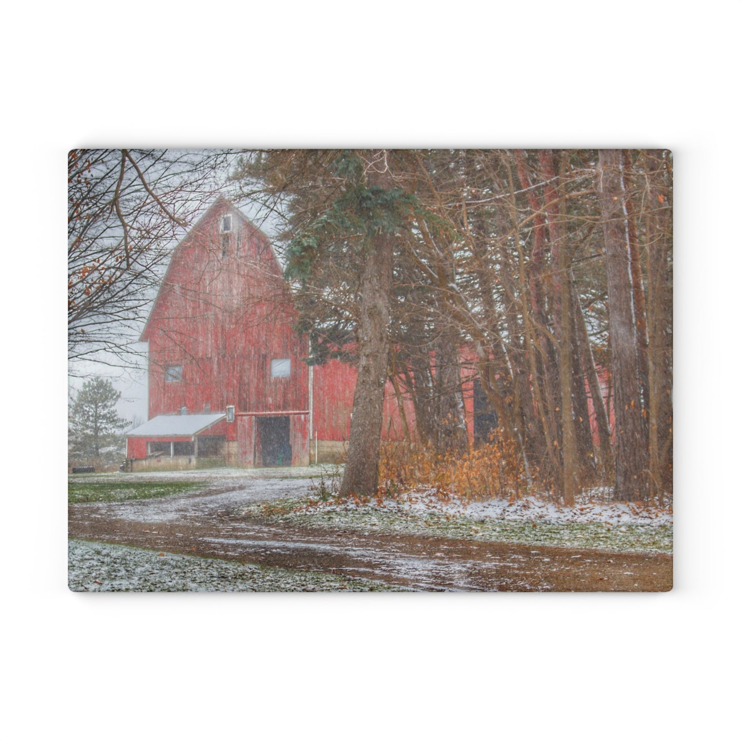 U R There Photography Tubspring Road Hidden Winter Red Rustic Farmhouse Tempered-Glass Cutting Board