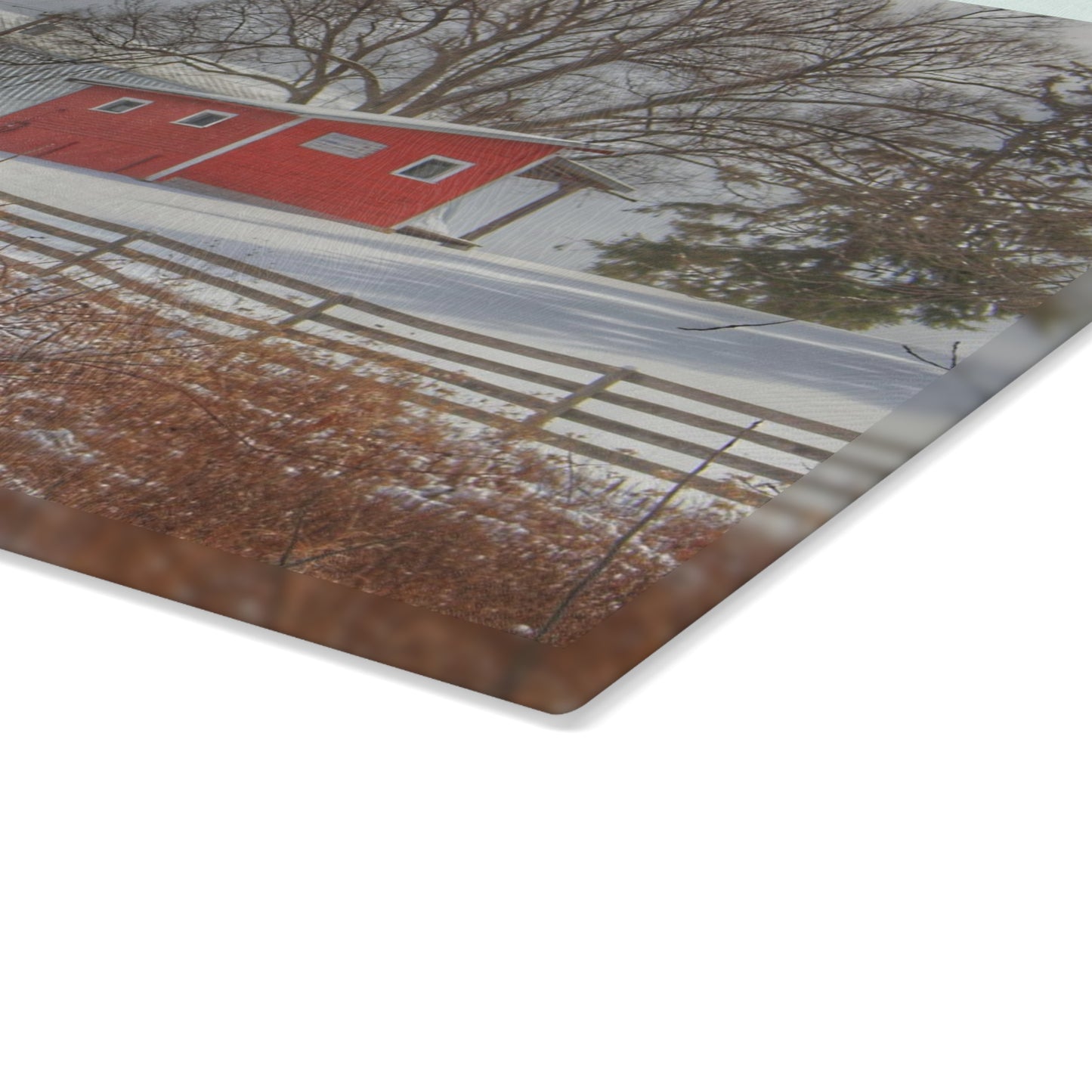 U R There Photography Catlin Red and Fence II Rustic Farmhouse Tempered-Glass Cutting Board