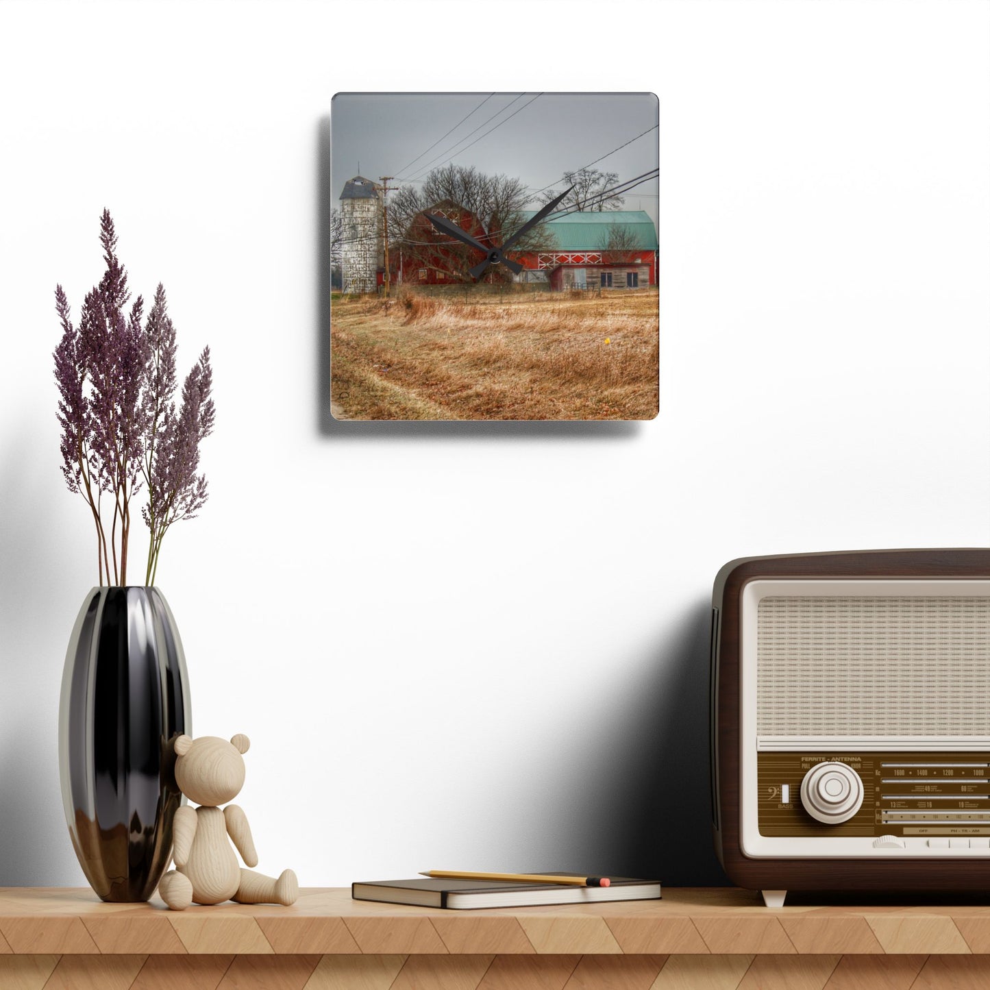 U R There Photography Mound Road Reds and Silo Rustic Farmhouse Acrylic Analog Wall Clock