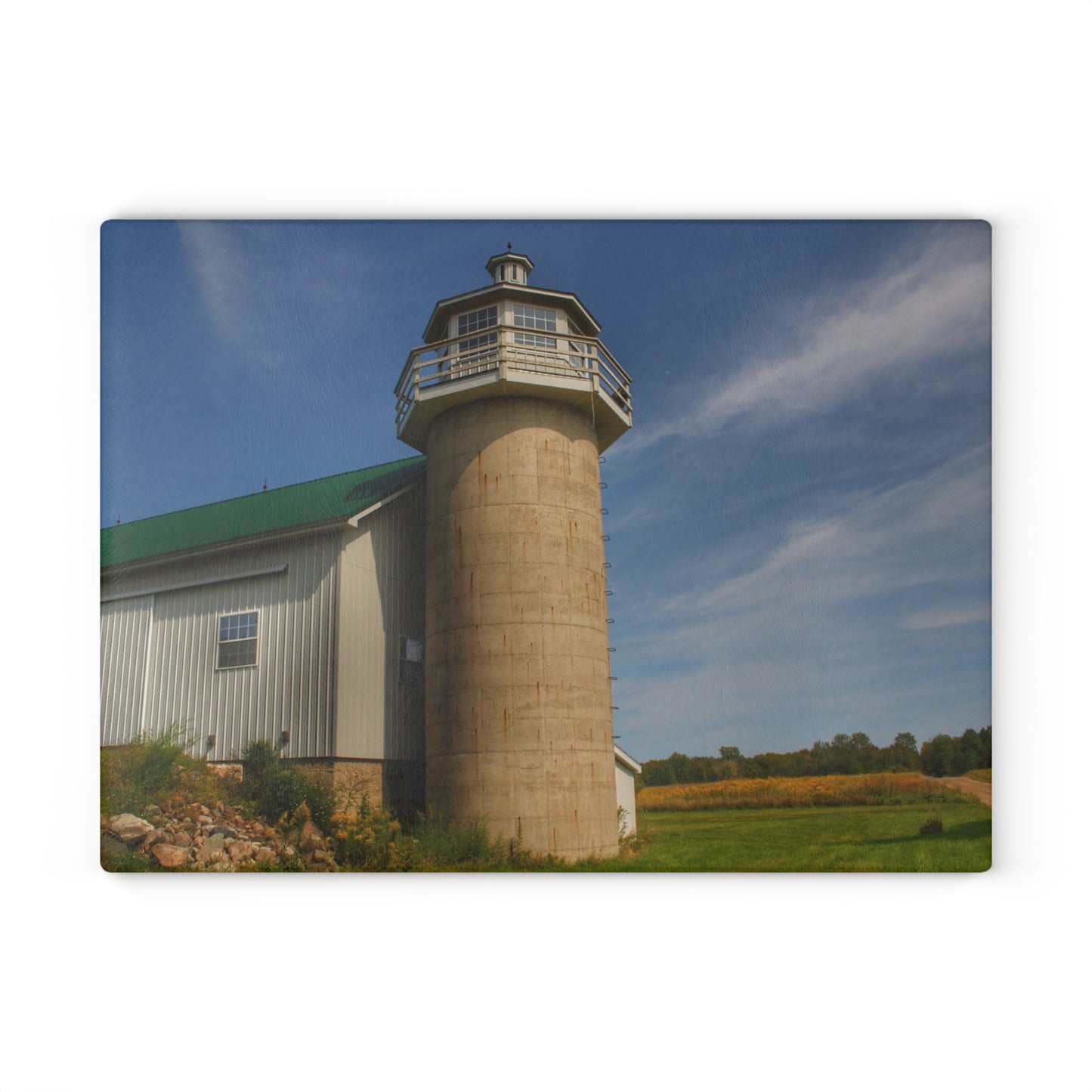 U R There Photography Phelps Road Lighthouse Barn II Rustic Farmhouse Tempered-Glass Cutting Board