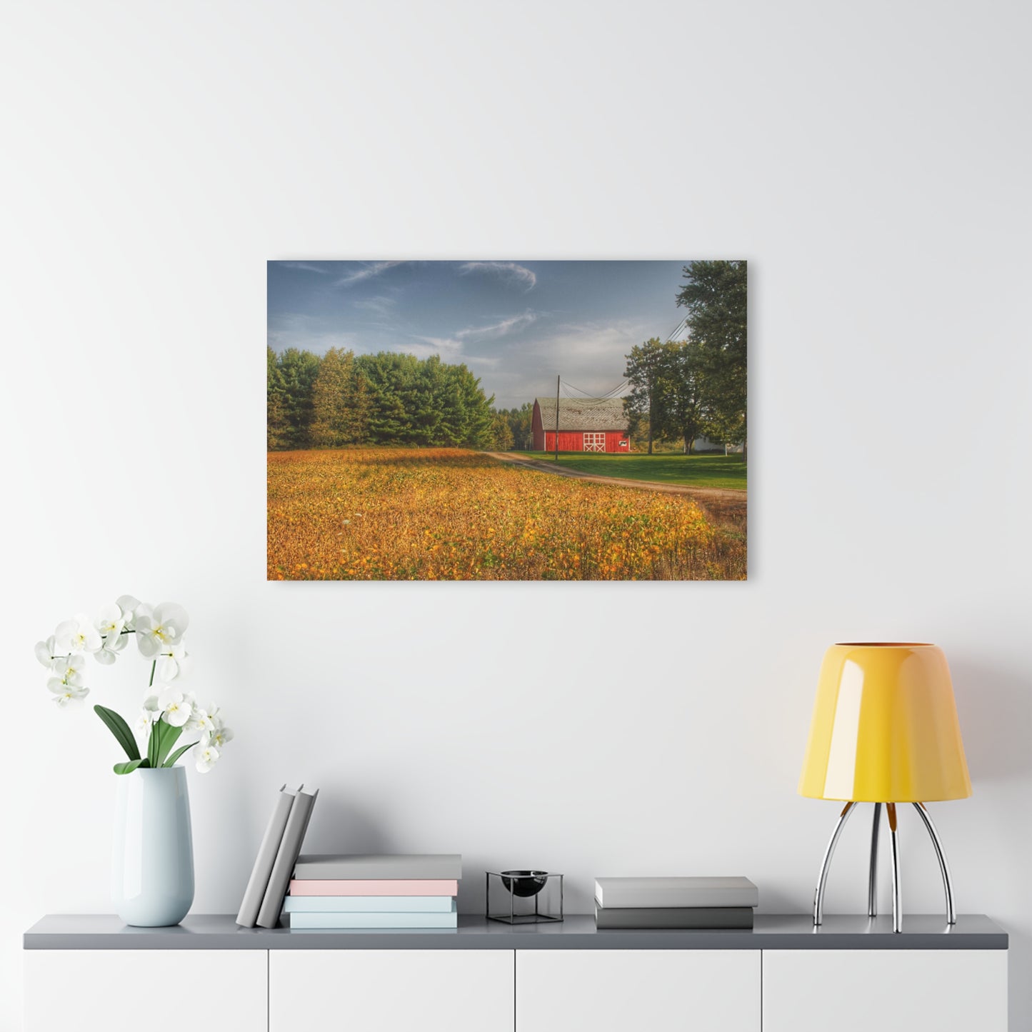U R There Photography Red Barn on Golden Field Rustic Farmhouse Acrylic Analog Wall Clock