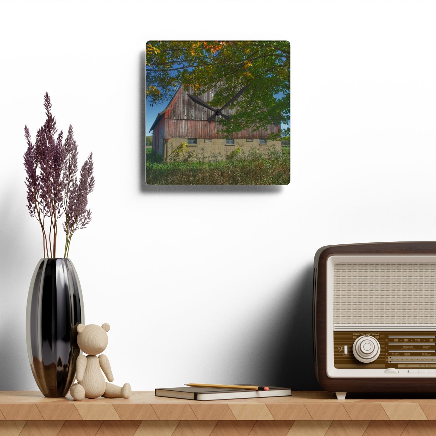 U R There Photography Byington Road Red I Rustic Farmhouse Acrylic Analog Wall Clock