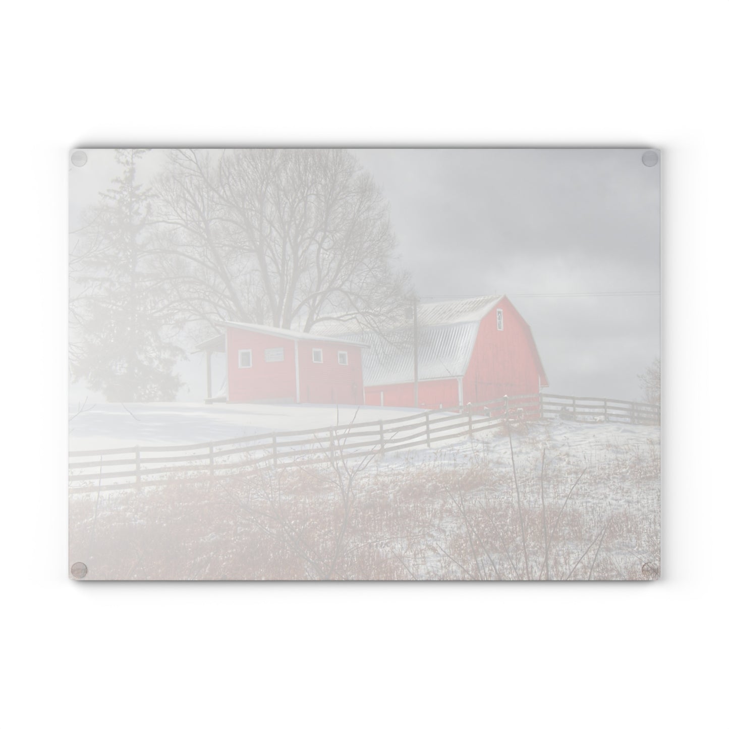 U R There Photography Catlin Red and Fence II Rustic Farmhouse Tempered-Glass Cutting Board