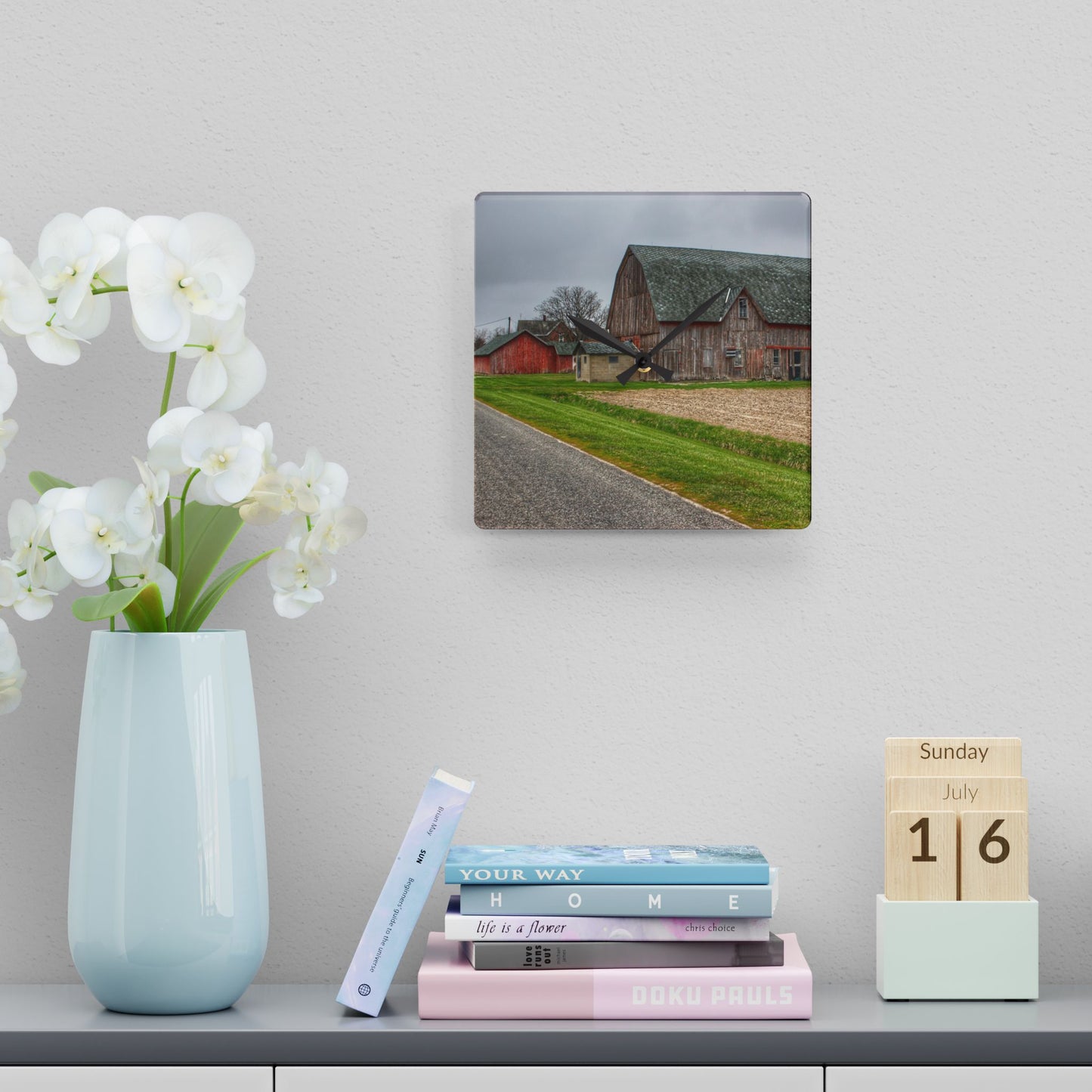 U R There Photography Roedel Roadside Reds I Rustic Farmhouse Acrylic Analog Wall Clock