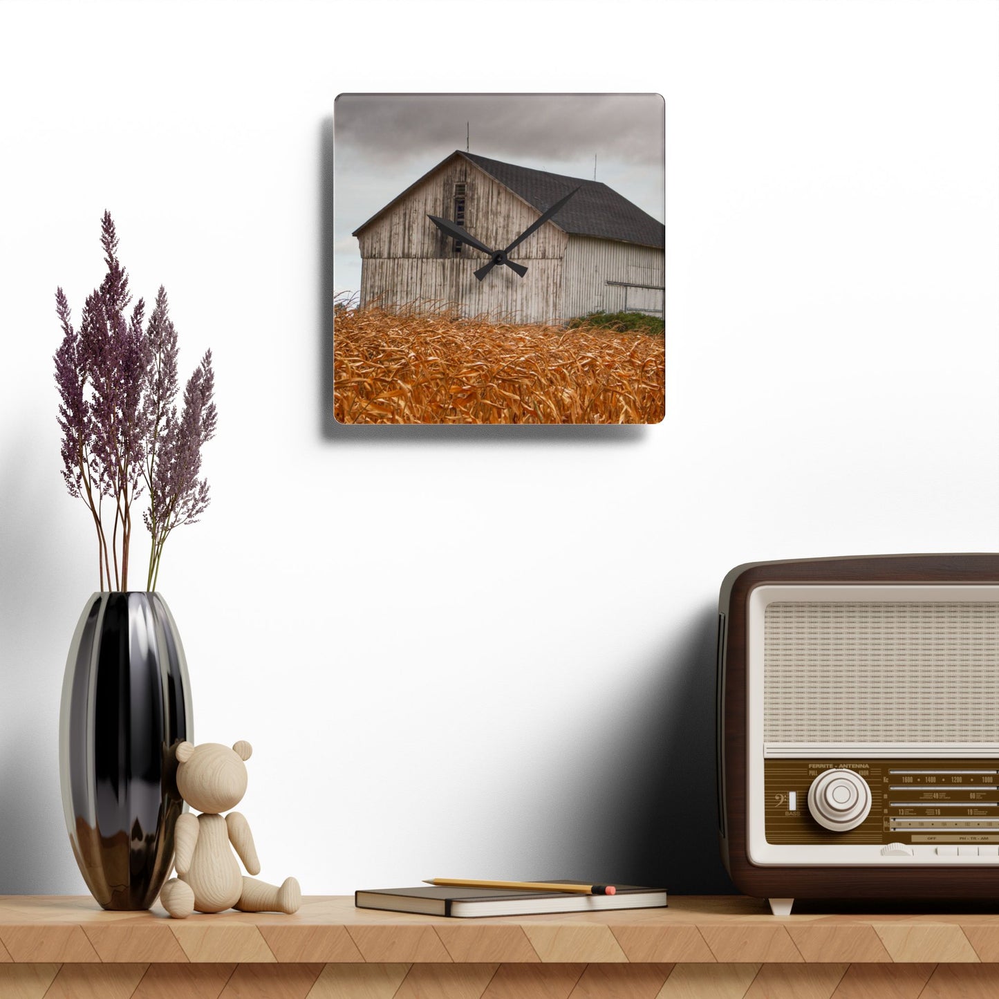 U R There Photography Merry Road Grey Rustic Farmhouse Acrylic Analog Wall Clock