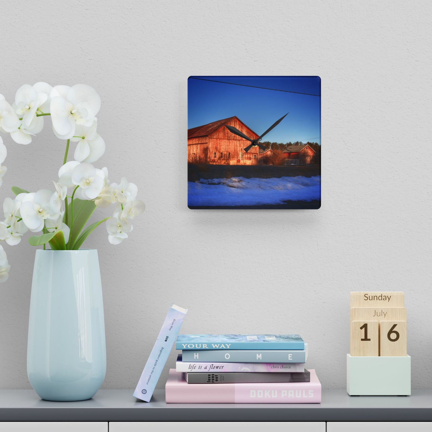 U R There Photography M-15 Reds in Winter Rustic Farmhouse Acrylic Analog Wall Clock