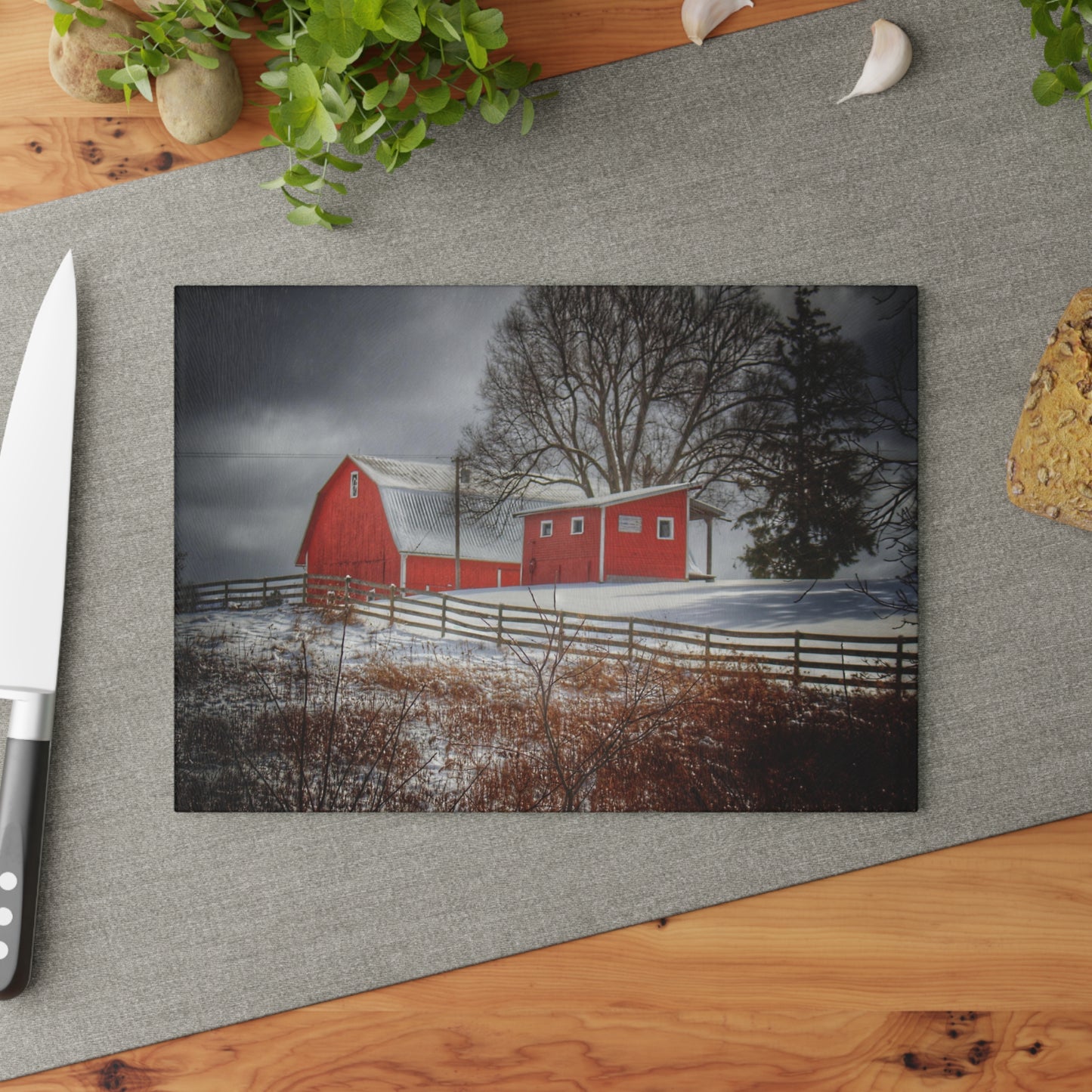 U R There Photography Catlin Red and Fence I Rustic Farmhouse Tempered-Glass Cutting Board