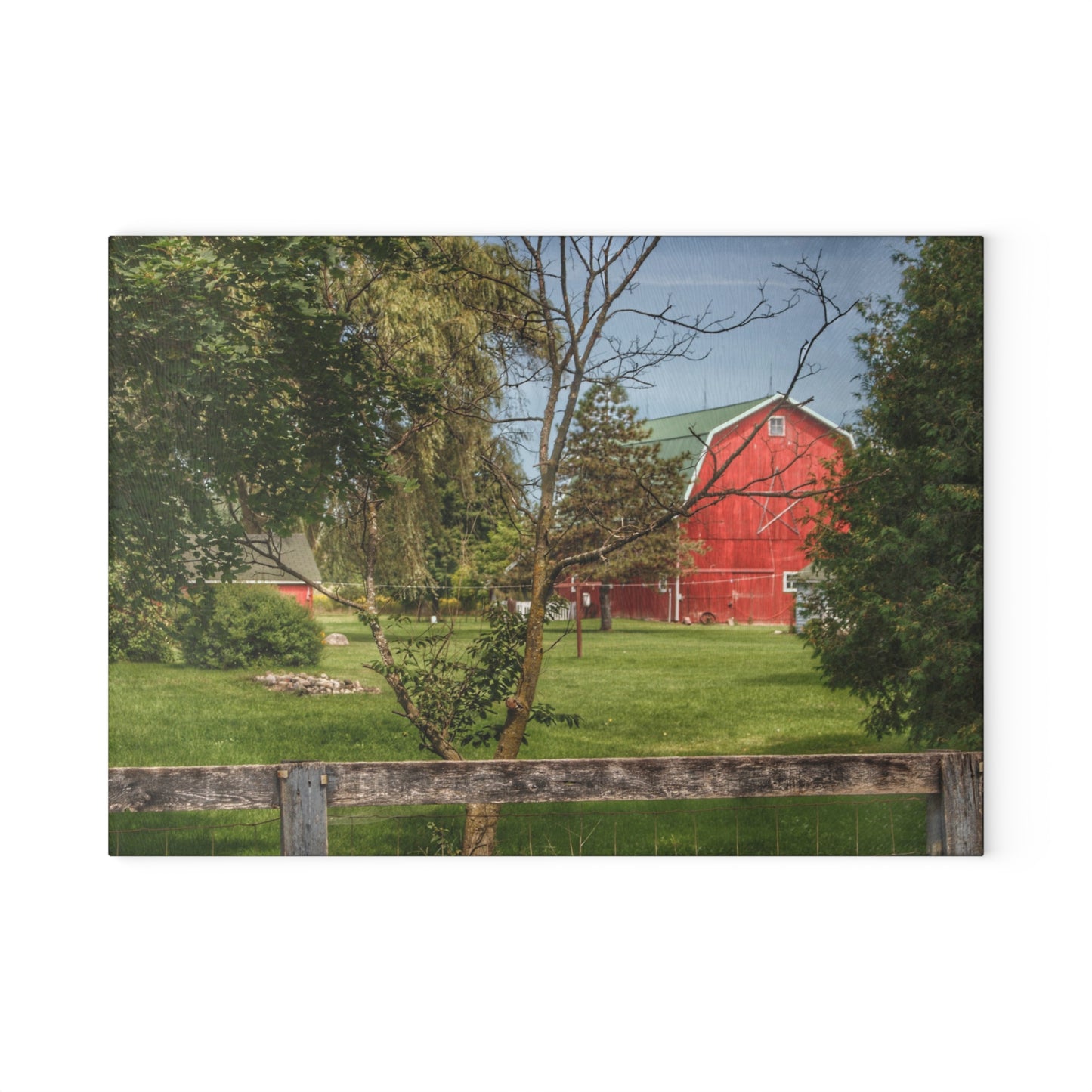 U R There Photography Roadside Red Beyond the Fence Rustic Farmhouse Tempered-Glass Cutting Board