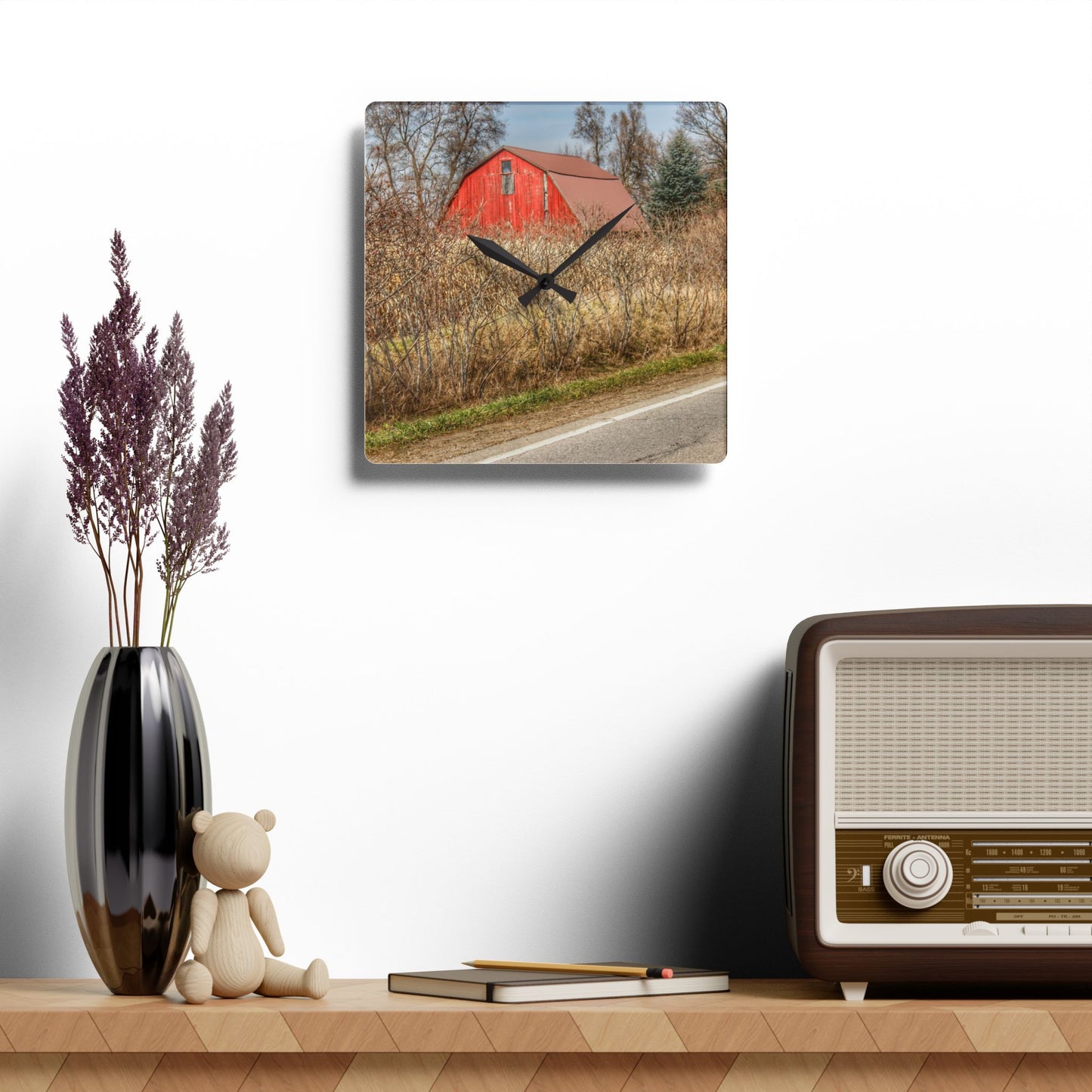 U R There Photography South Lake Pleasant Road Red Rustic Farmhouse Acrylic Analog Wall Clock