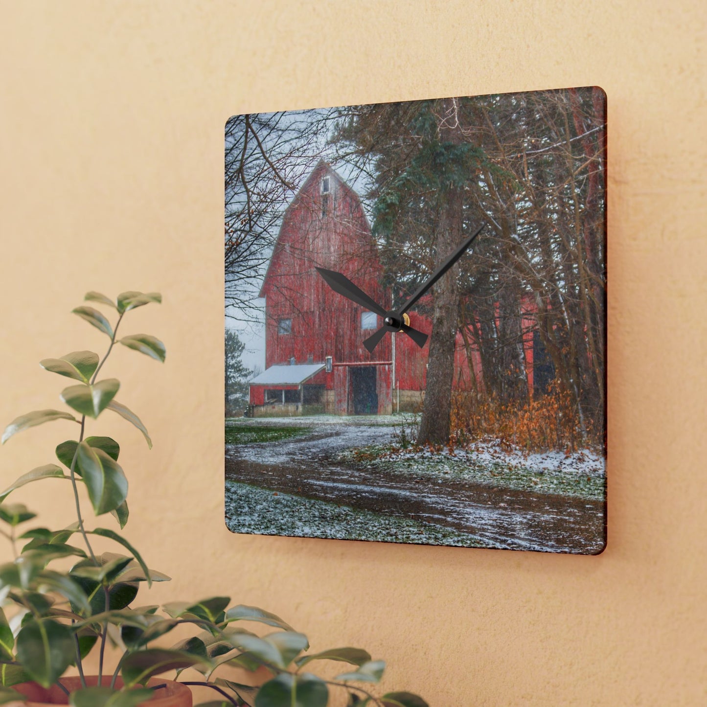 U R There Photography Tubspring Road Hidden Winter Red Rustic Farmhouse Acrylic Analog Wall Clock