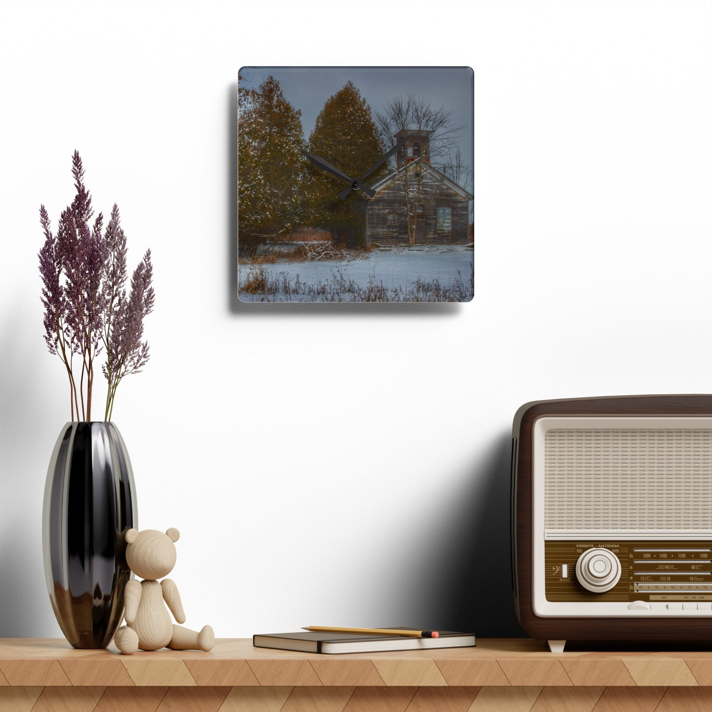 Rustic Farmhouse Wall Clock featuring Vermilya Schoolhouse I