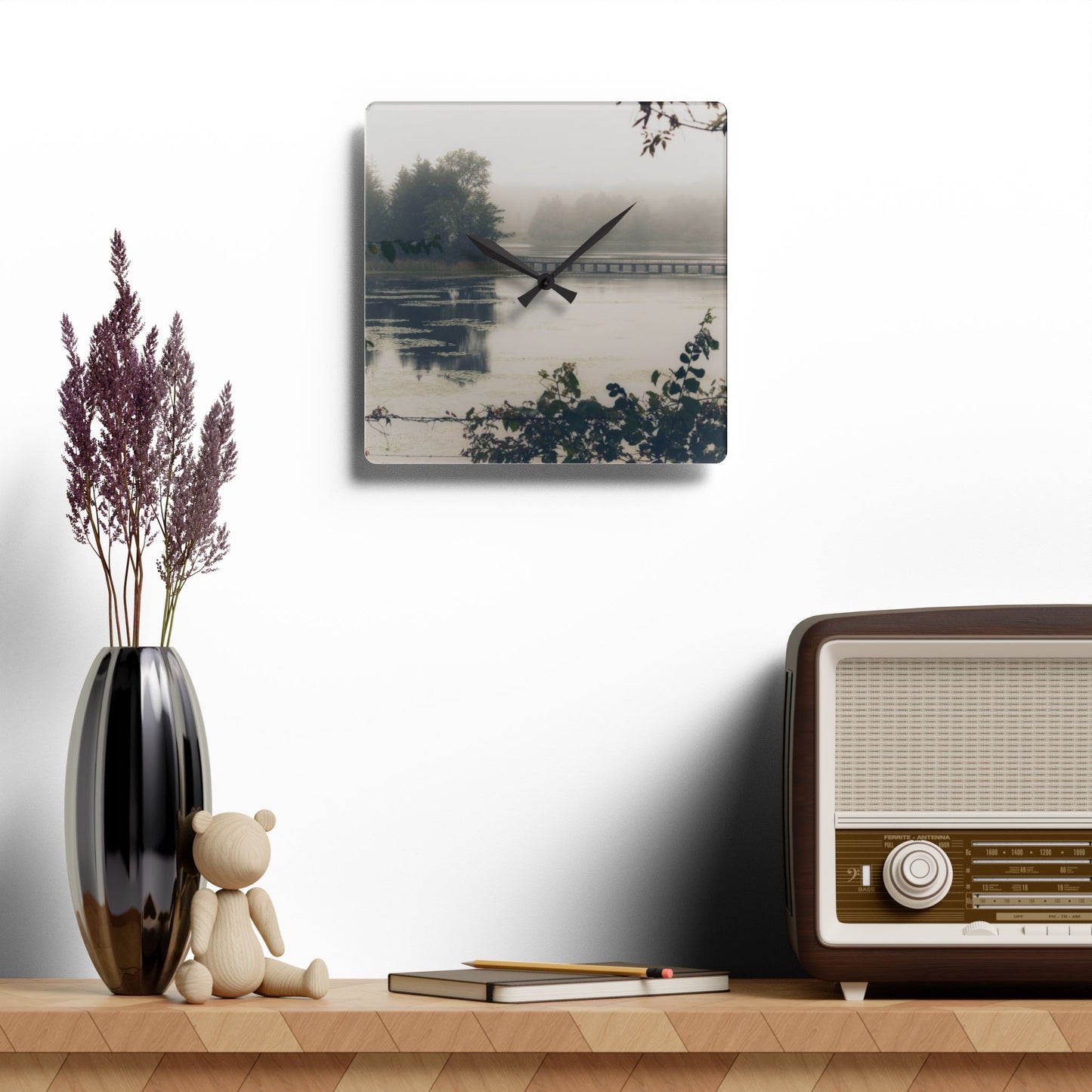 U R There Photography Bridge in Fog Rustic Farmhouse Acrylic Analog Wall Clock