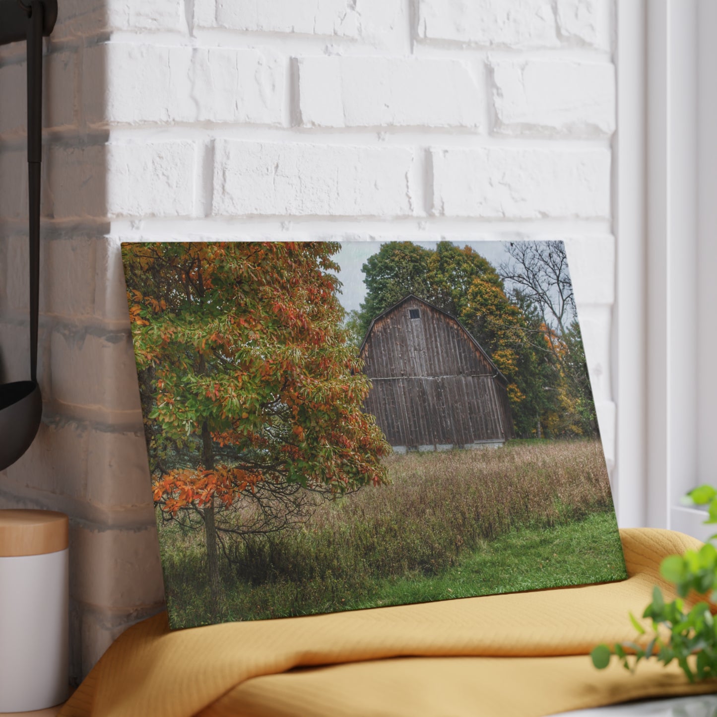 U R There Photography Mount Morris Road Grey in the Fall Rustic Farmhouse Tempered-Glass Cutting Board