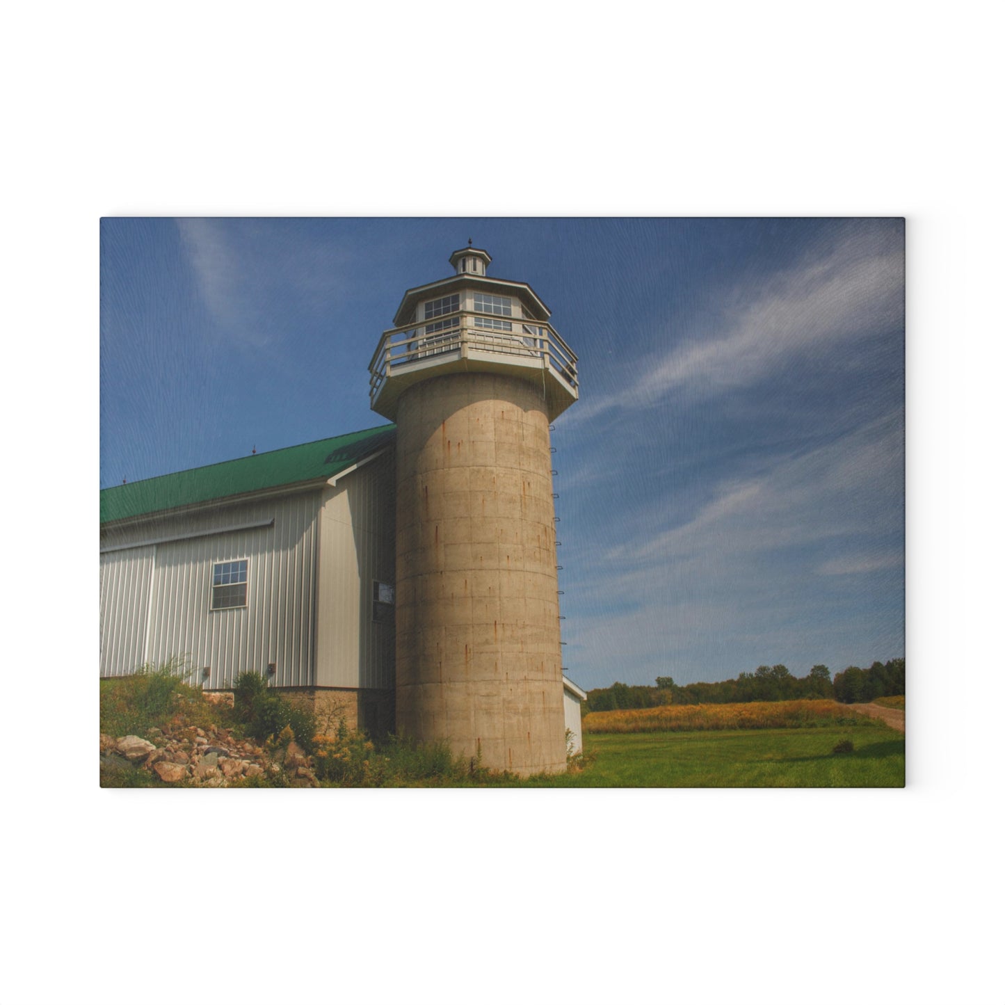 U R There Photography Phelps Road Lighthouse Barn II Rustic Farmhouse Tempered-Glass Cutting Board