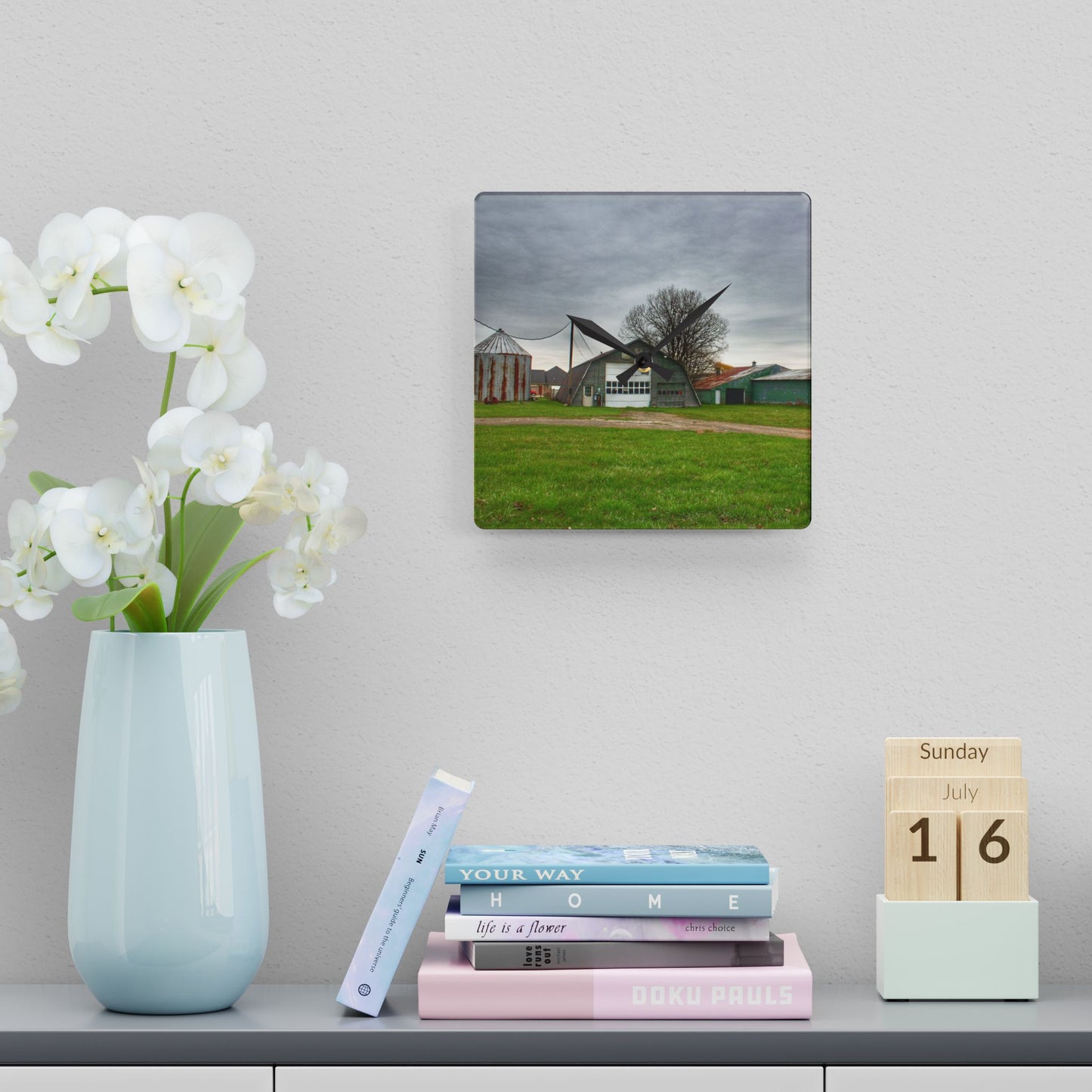 U R There Photography Hough Road Green Quonset IV Rustic Farmhouse Acrylic Analog Wall Clock