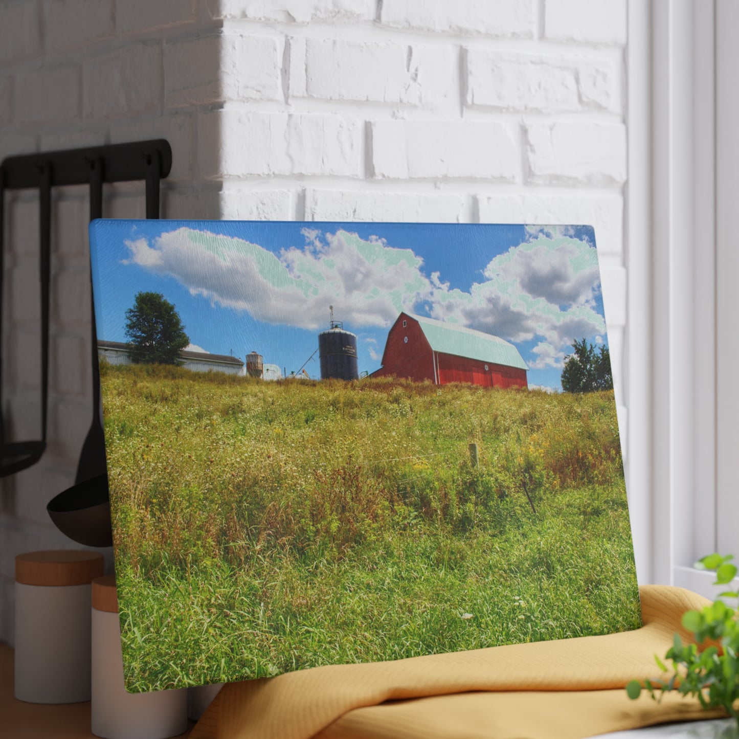 U R There Photography South Henderson Road Hilltop Red II Rustic Farmhouse Tempered-Glass Cutting Board