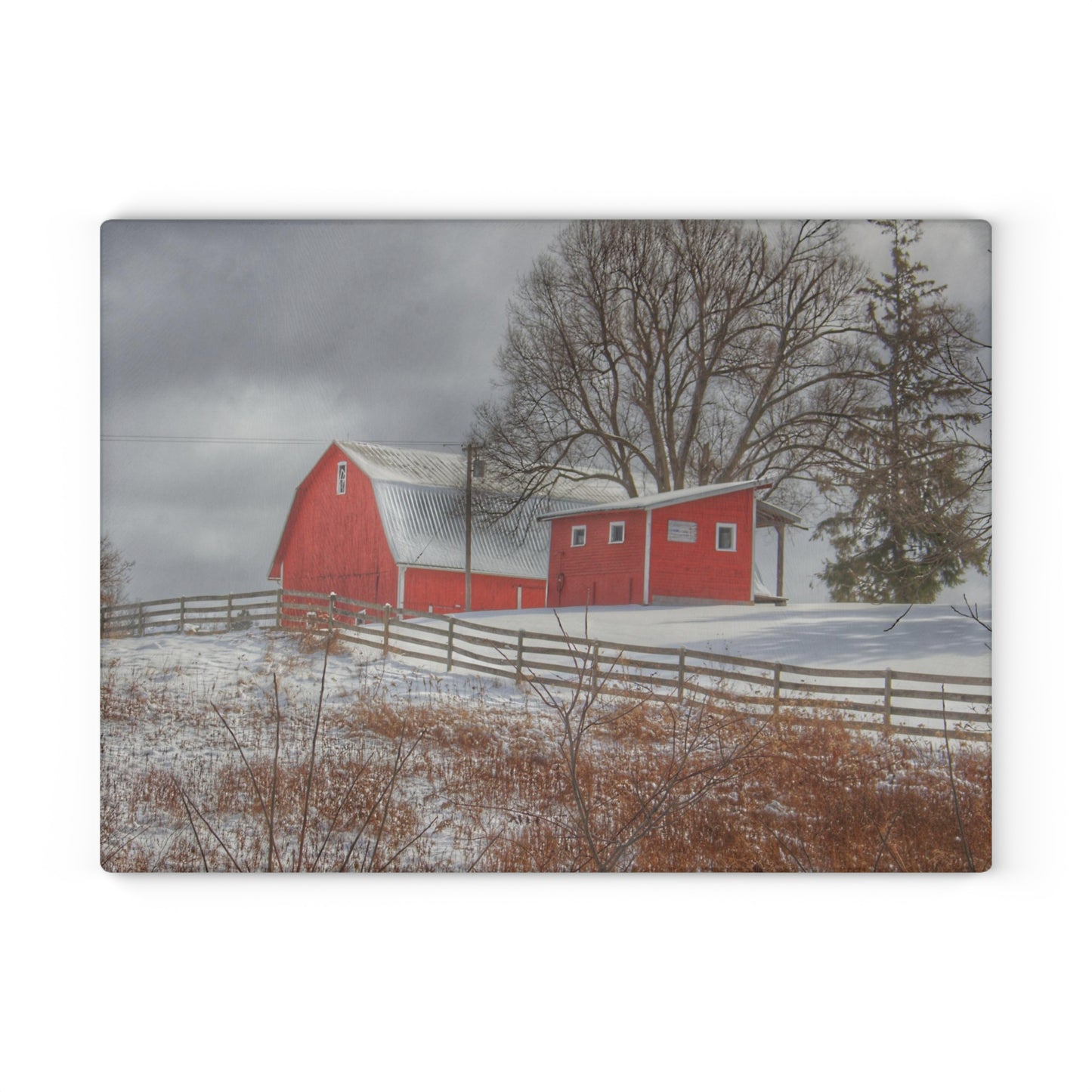 U R There Photography Catlin Red and Fence II Rustic Farmhouse Tempered-Glass Cutting Board