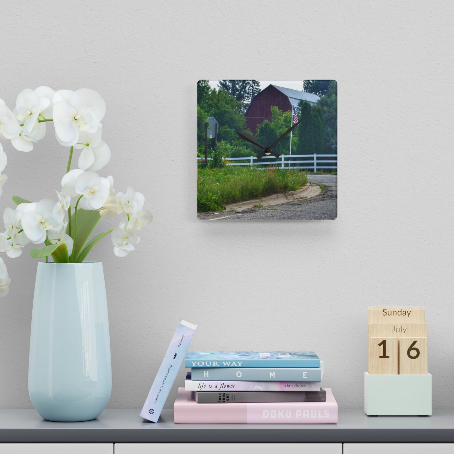 U R There Photography Sutton Road Red and Old Glory Rustic Farmhouse Acrylic Analog Wall Clock
