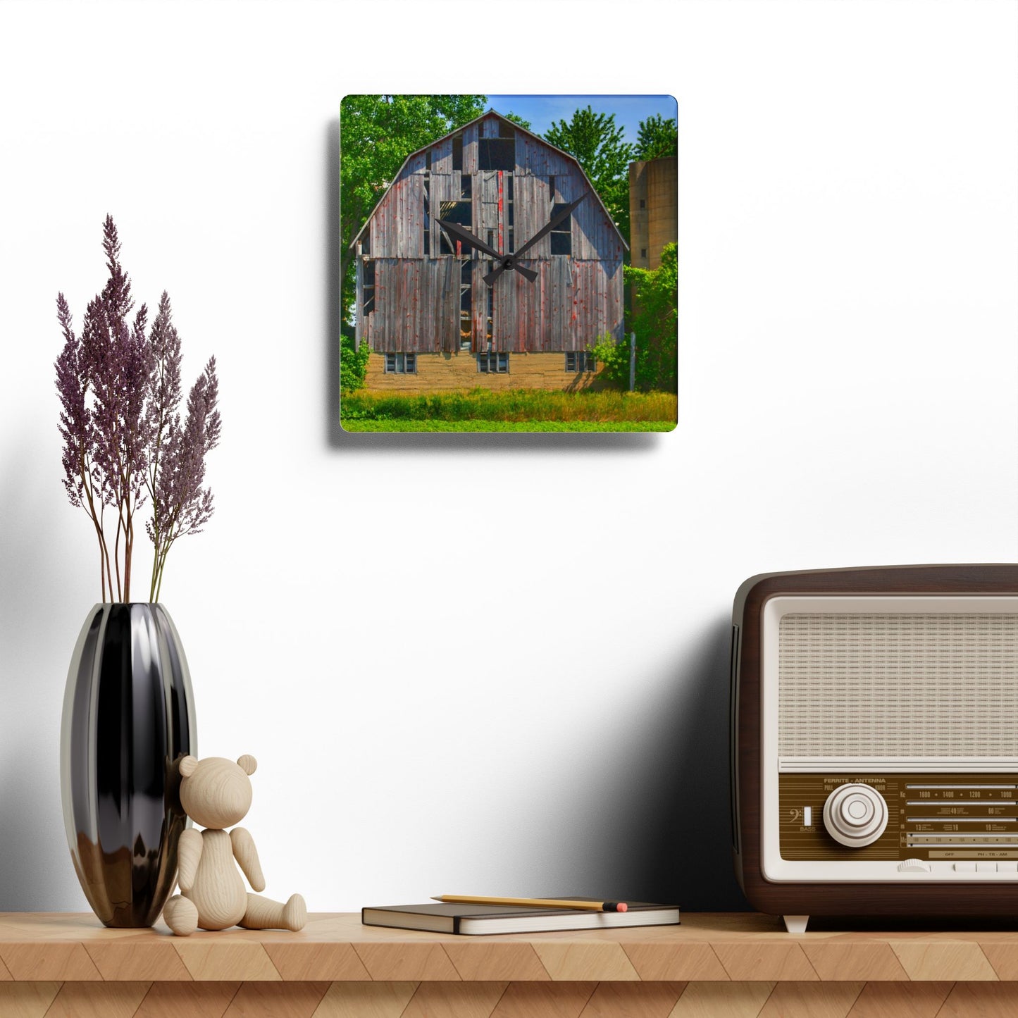 U R There Photography Mushroom Road Red and Silo Rustic Farmhouse Acrylic Analog Wall Clock