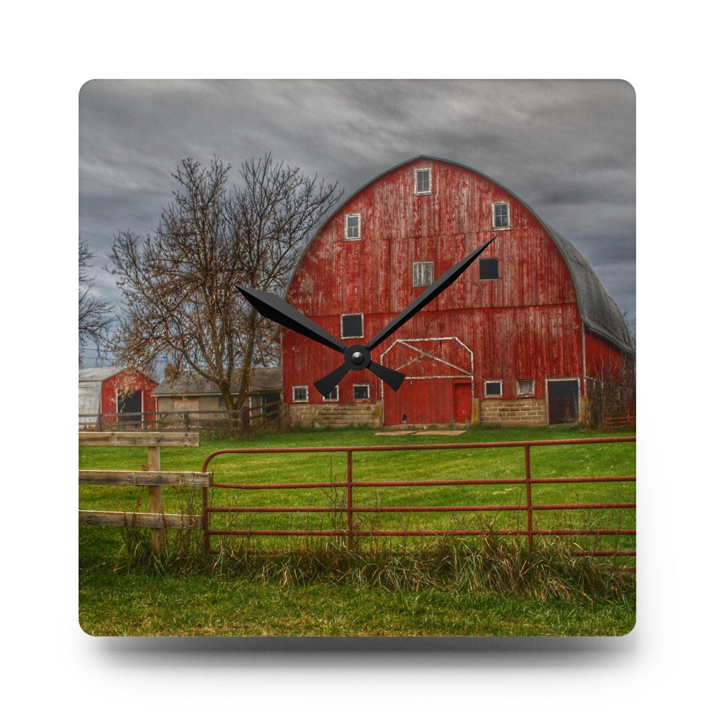 U R There Photography Beyond the Fence Red Rustic Farmhouse Acrylic Analog Wall Clock