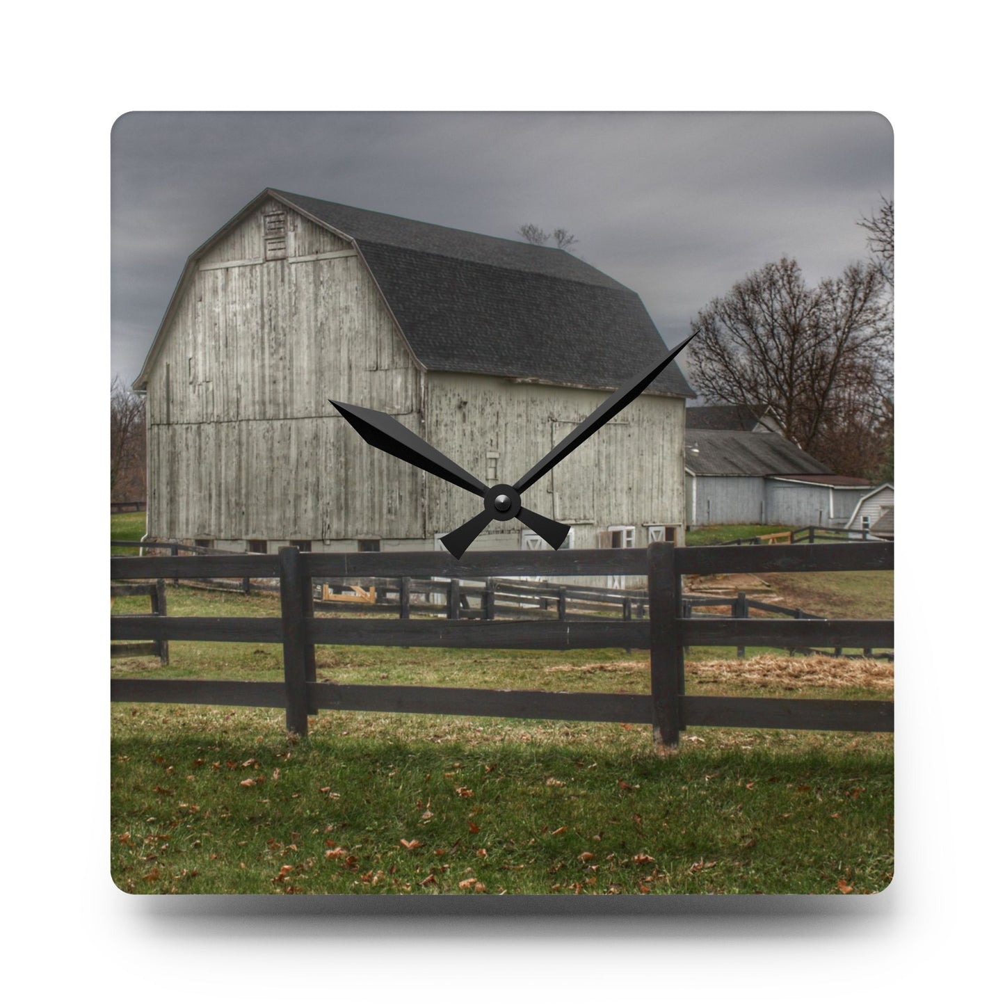 U R There Photography Roadside White Beyond the Fences Rustic Farmhouse Acrylic Analog Wall Clock