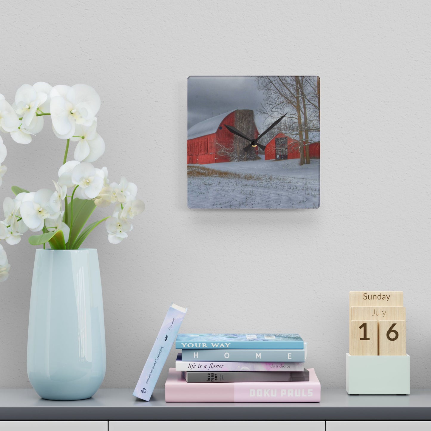 U R There Photography Catlin Reds in Winter II Rustic Farmhouse Acrylic Analog Wall Clock