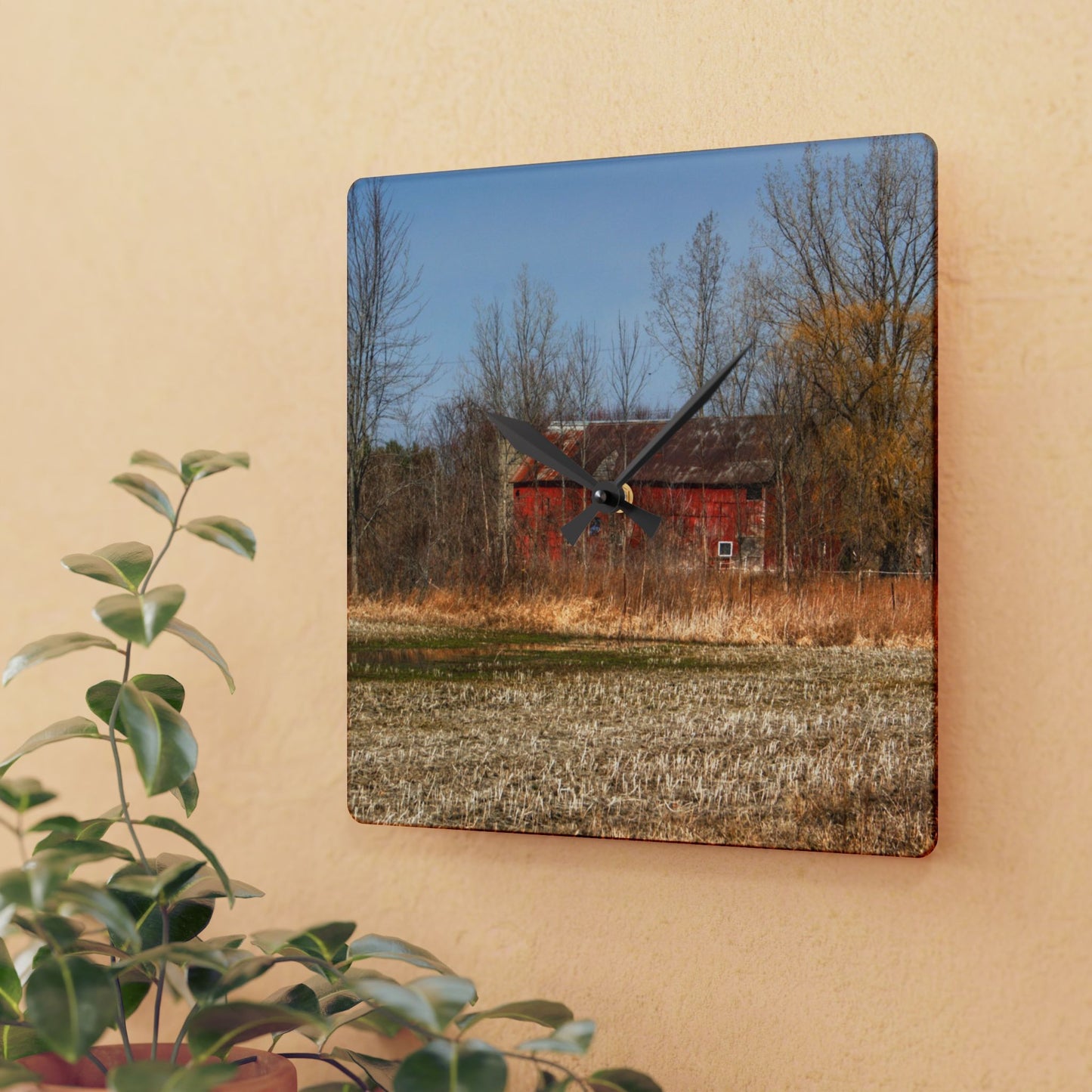 U R There Photography Hidden Scotch Settlement Red Rustic Farmhouse Acrylic Analog Wall Clock