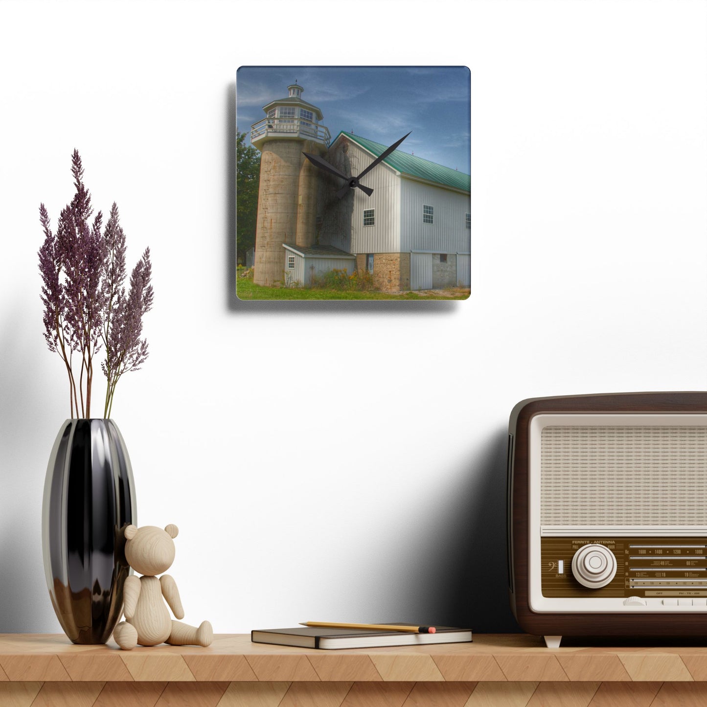 U R There Photography Phelps Road Lighthouse Barn I Rustic Farmhouse Acrylic Analog Wall Clock