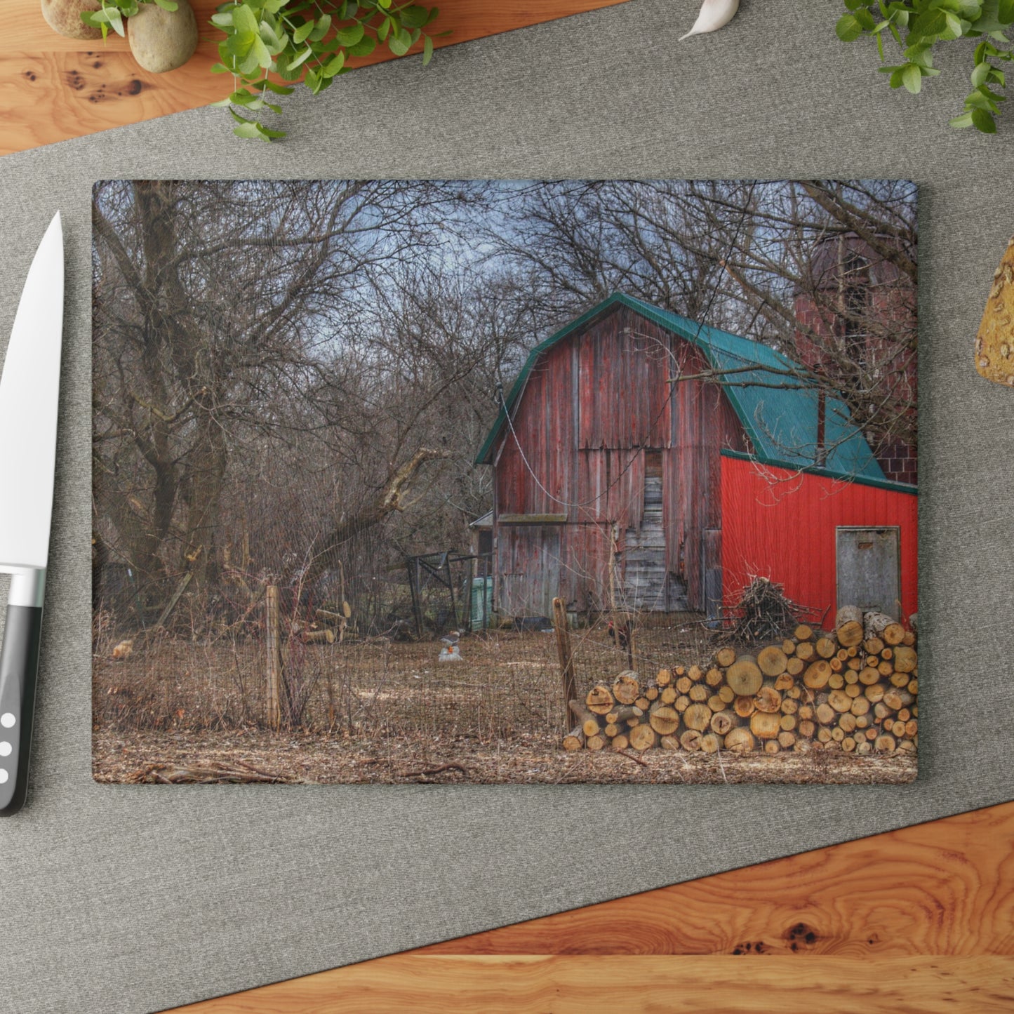 U R There Photography Bray Road Hidden Barnyard Red II Rustic Farmhouse Tempered-Glass Cutting Board
