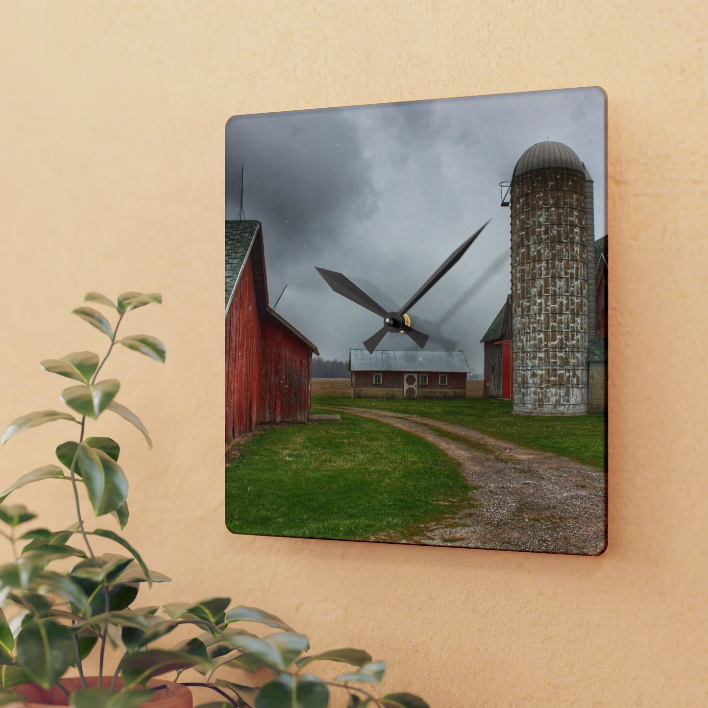 U R There Photography Roedel Roadside Reds II Rustic Farmhouse Acrylic Analog Wall Clock