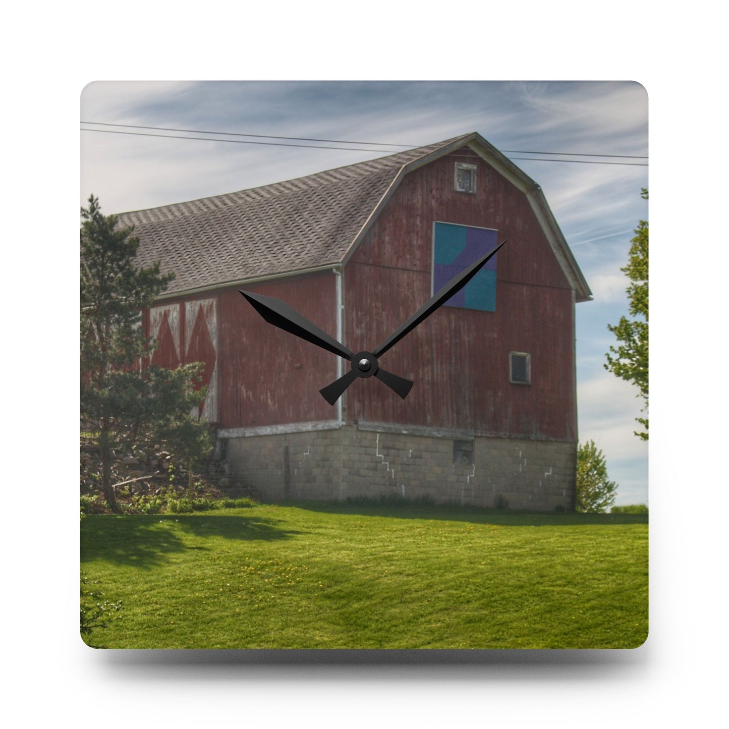 U R There Photography Mertz Road Quilted Red Rustic Farmhouse Acrylic Analog Wall Clock