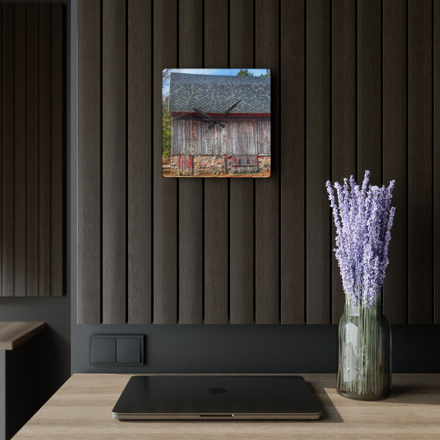 U R There Photography Leix Road Stone Red Rustic Farmhouse Acrylic Analog Wall Clock
