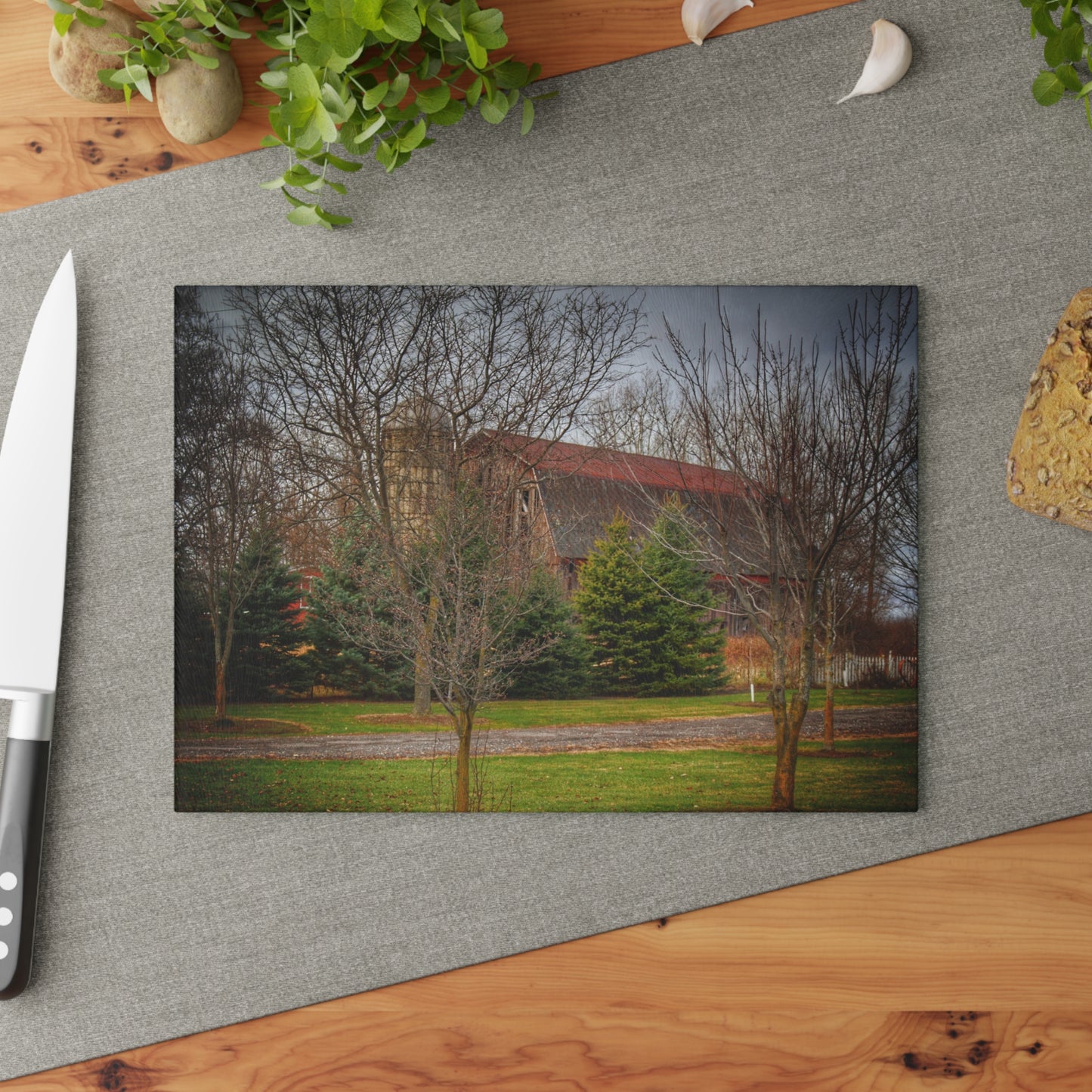 U R There Photography Rusted Red Beyond the Pines Rustic Farmhouse Tempered-Glass Cutting Board