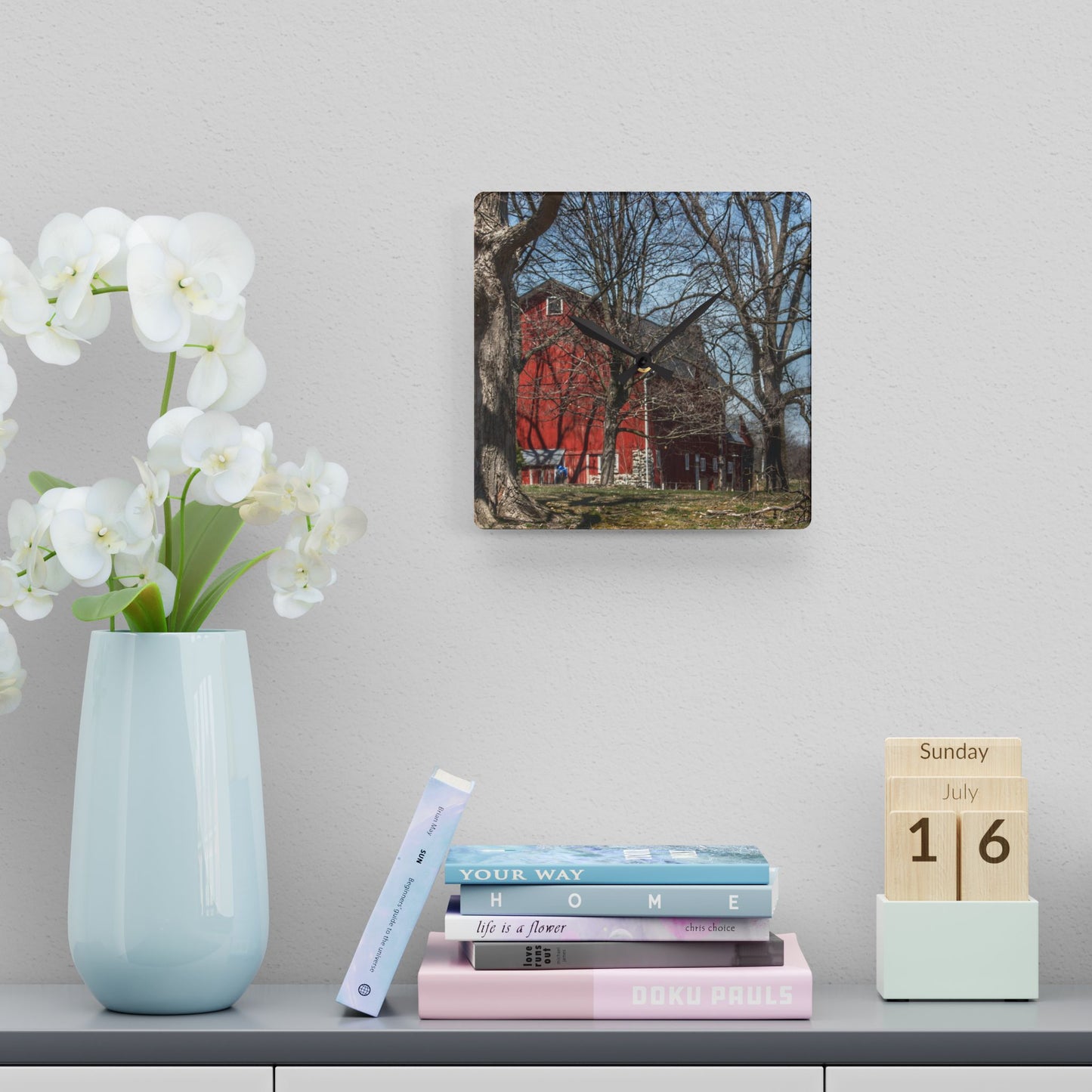 U R There Photography Hill Road Red Rustic Farmhouse Acrylic Analog Wall Clock