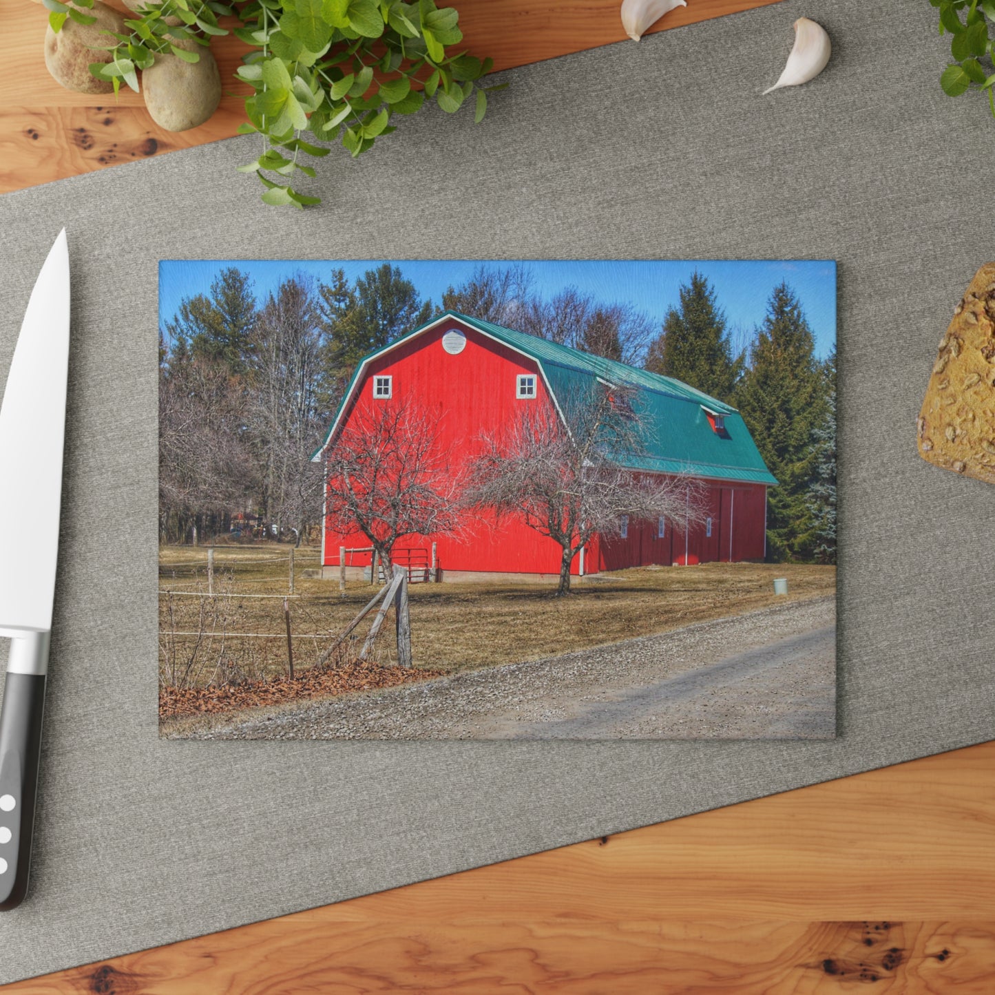 U R There Photography Campground Road Red Rustic Farmhouse Tempered-Glass Cutting Board
