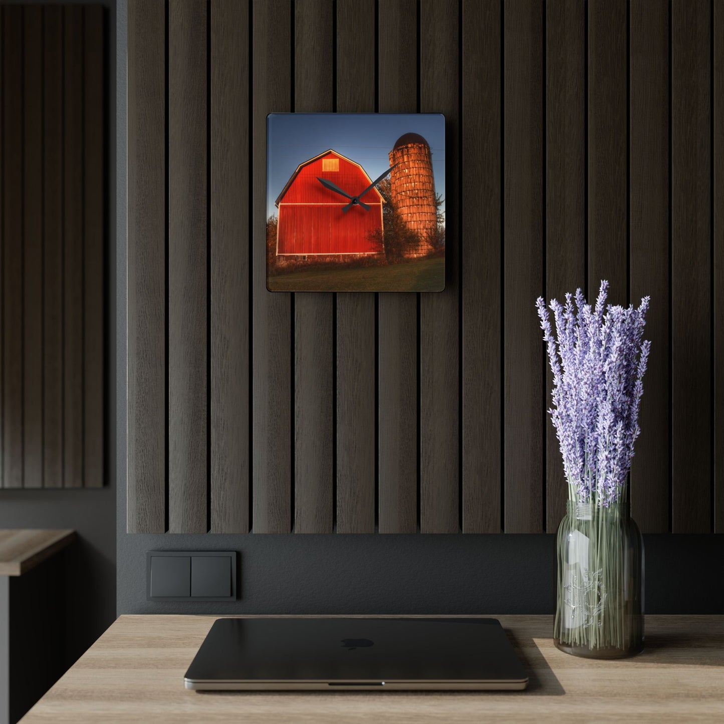 U R There Photography Klam Road Red Meets Foggy Sunrise I Rustic Farmhouse Acrylic Analog Wall Clock