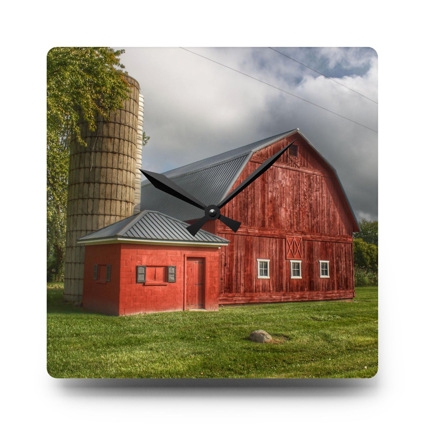 U R There Photography Hollow Corners Red and Silo Rustic Farmhouse Acrylic Analog Wall Clock