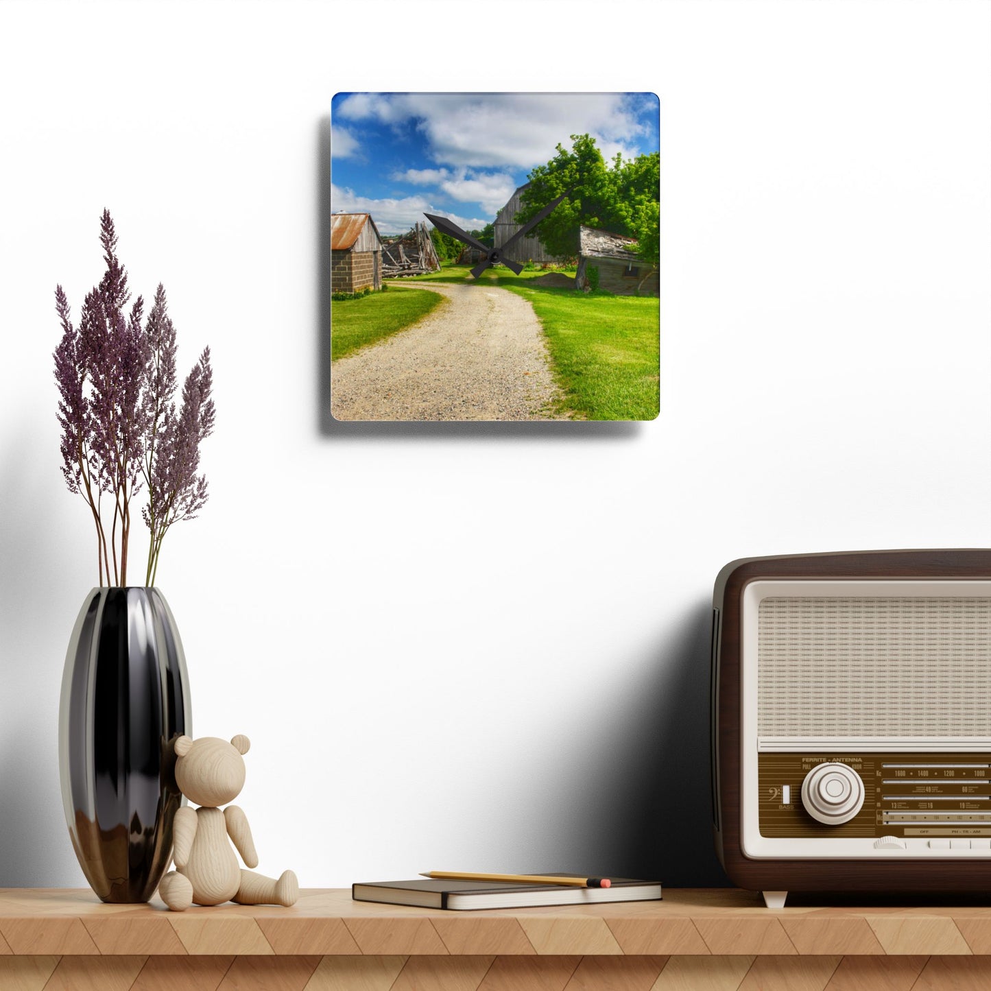 U R There Photography Brown City Road Barn and Buddy II Rustic Farmhouse Acrylic Analog Wall Clock