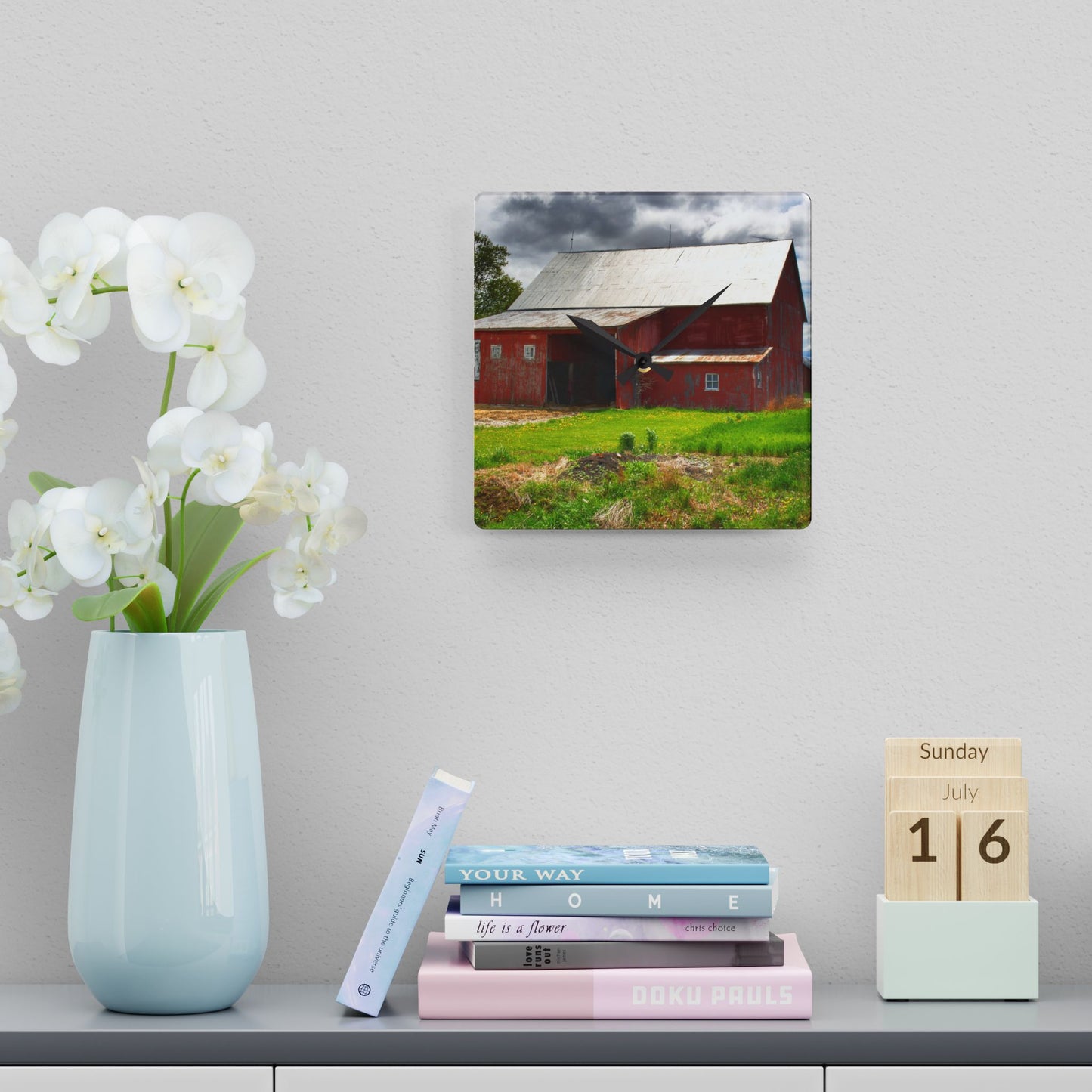 U R There Photography Rescue Road Reds Rustic Farmhouse Acrylic Analog Wall Clock