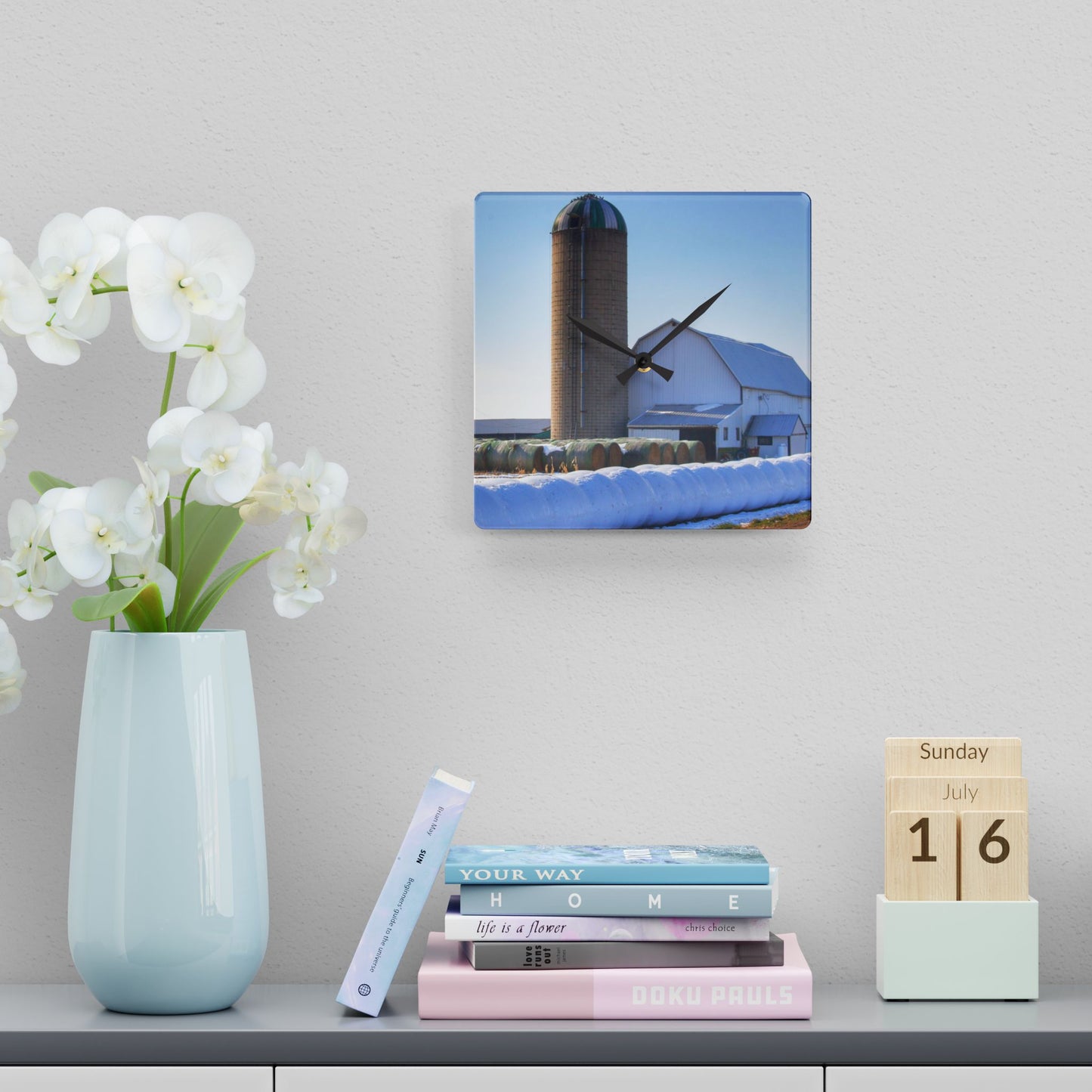 U R There Photography Bowers Road White in Winter Rustic Farmhouse Acrylic Analog Wall Clock