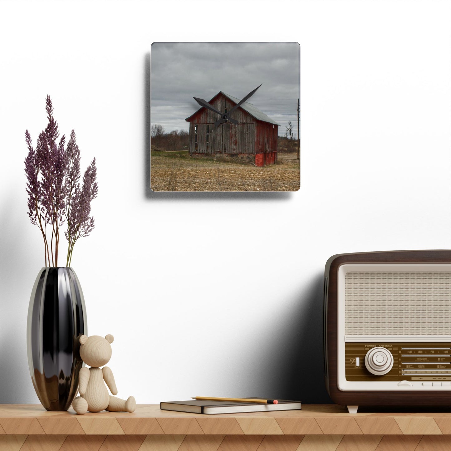 U R There Photography Barnes Road Little Red II Rustic Farmhouse Acrylic Analog Wall Clock
