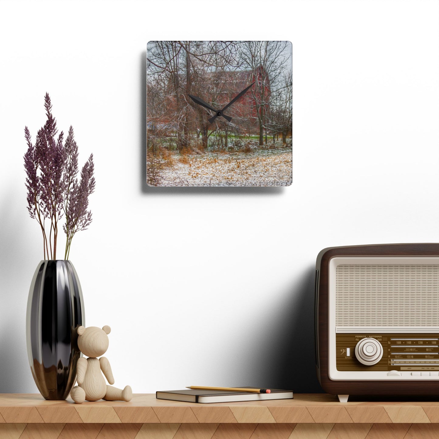 U R There Photography Hough Road Hidden Winter Red II Rustic Farmhouse Acrylic Analog Wall Clock