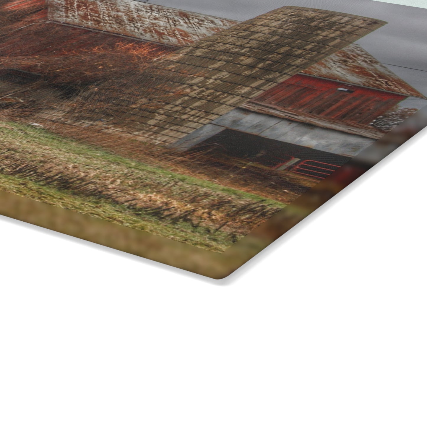 U R There Photography Slattery Road Old Red and Silo I Rustic Farmhouse Tempered-Glass Cutting Board