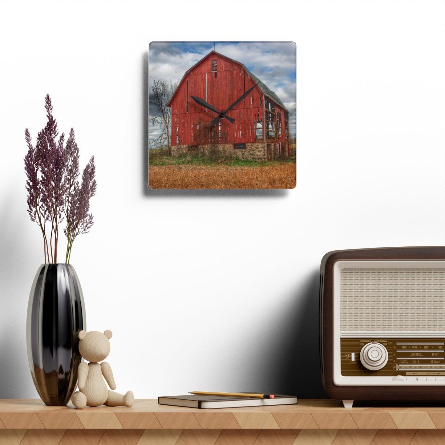 U R There Photography Laur Road Forgotten Red I Rustic Farmhouse Acrylic Analog Wall Clock