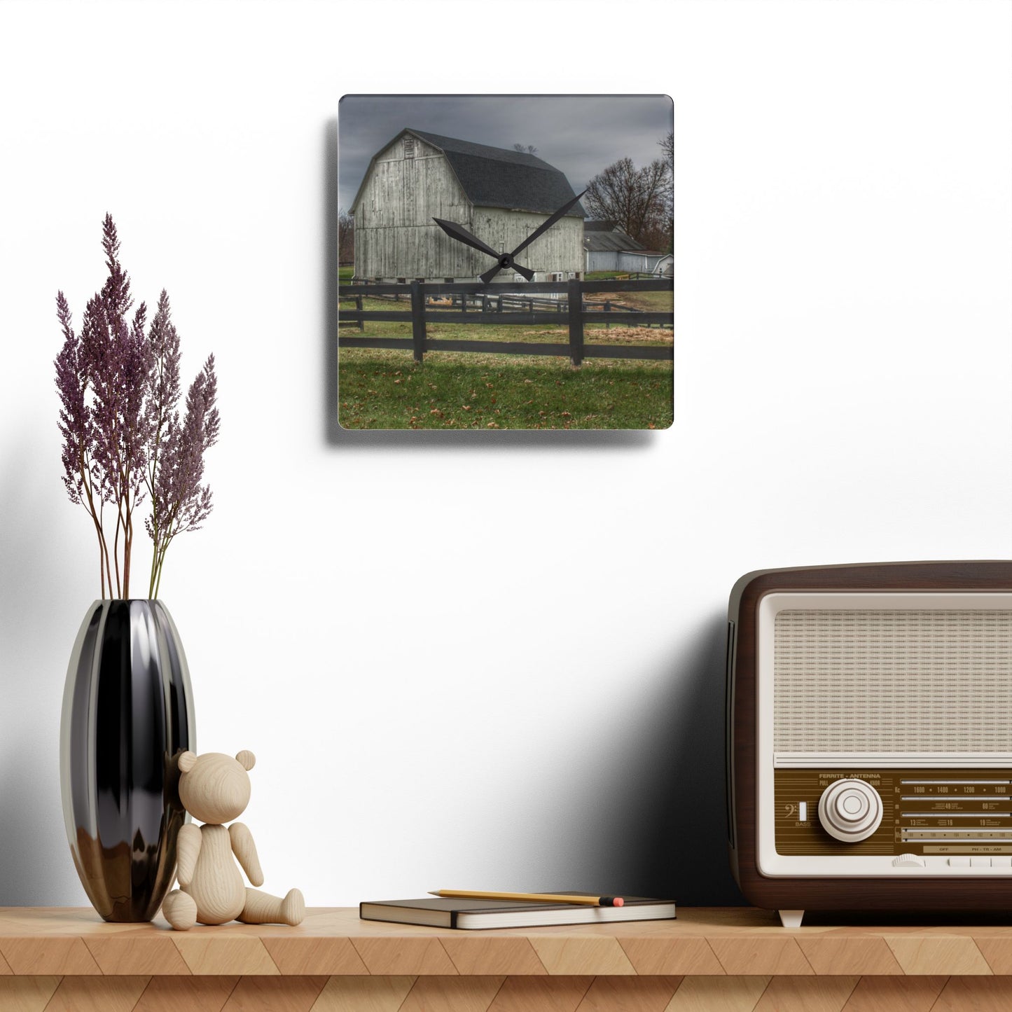 U R There Photography Roadside White Beyond the Fences Rustic Farmhouse Acrylic Analog Wall Clock
