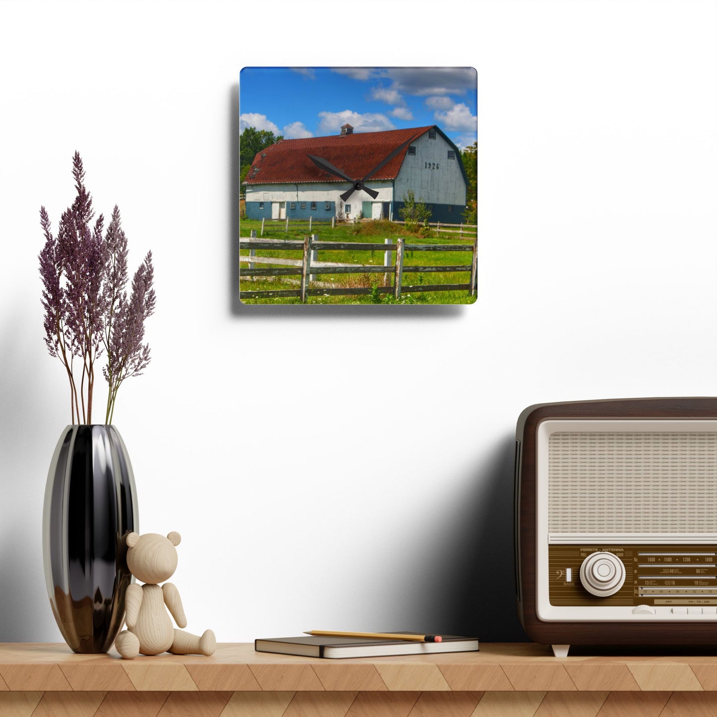 U R There Photography Beyond the Fence on Clark Road Rustic Farmhouse Acrylic Analog Wall Clock
