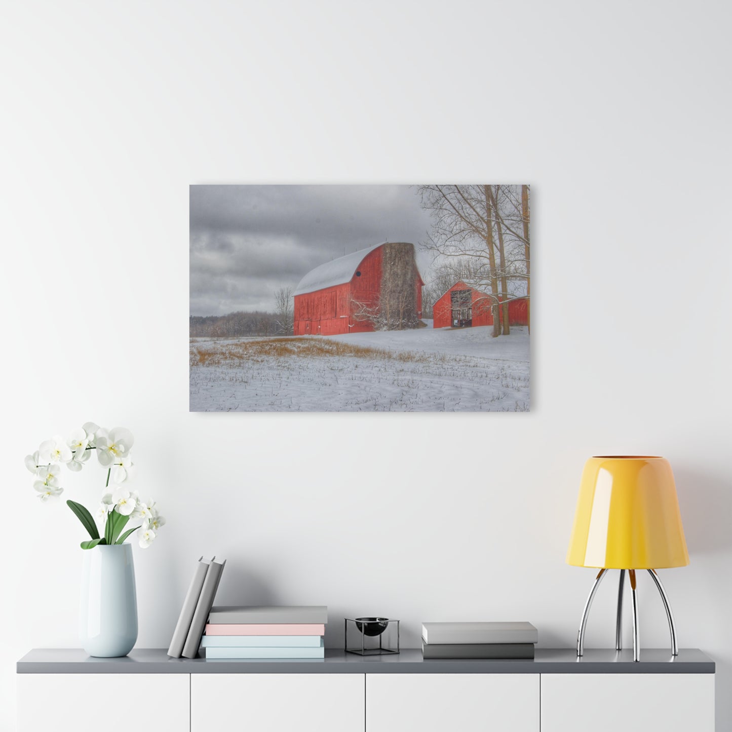 U R There Photography Catlin Reds in Winter II Rustic Farmhouse Acrylic Wall Print