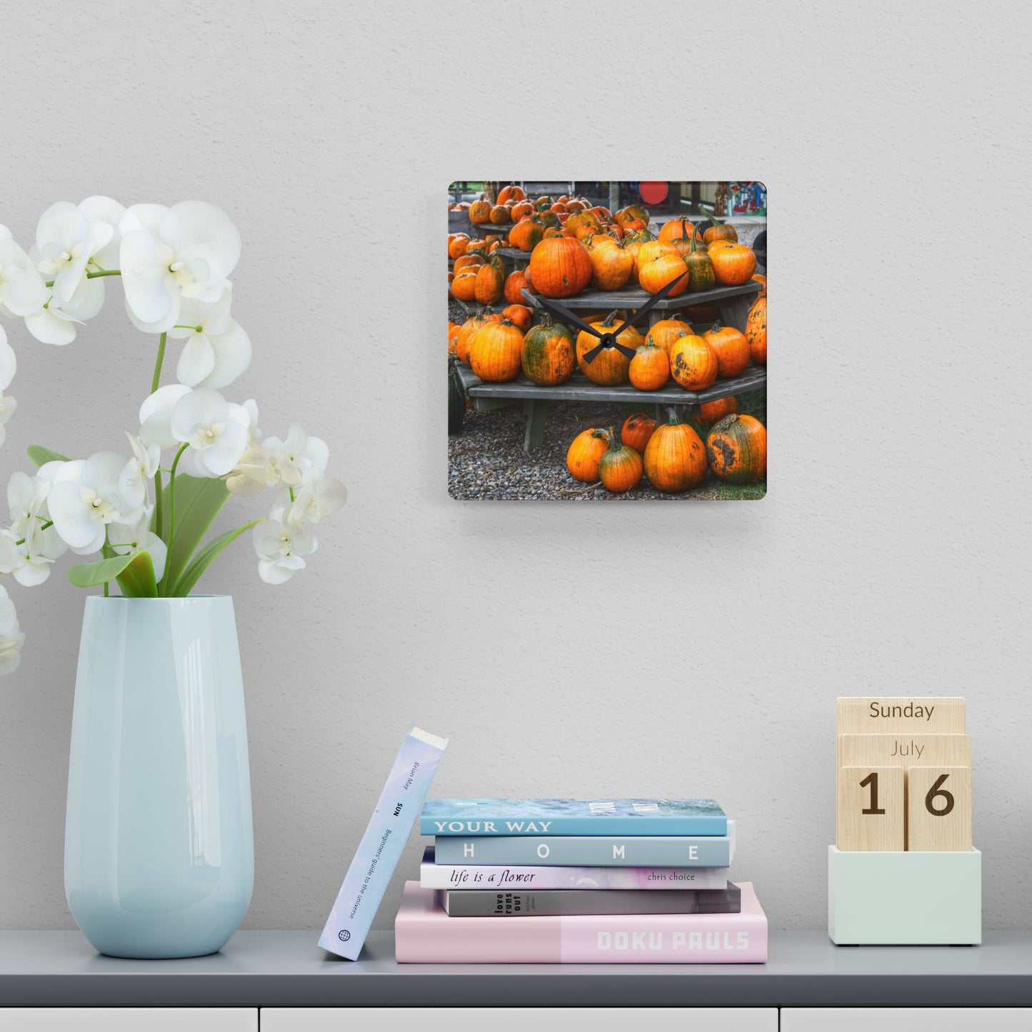 U R There Photography Tabletop Pumpkins Rustic Farmhouse Acrylic Analog Wall Clock