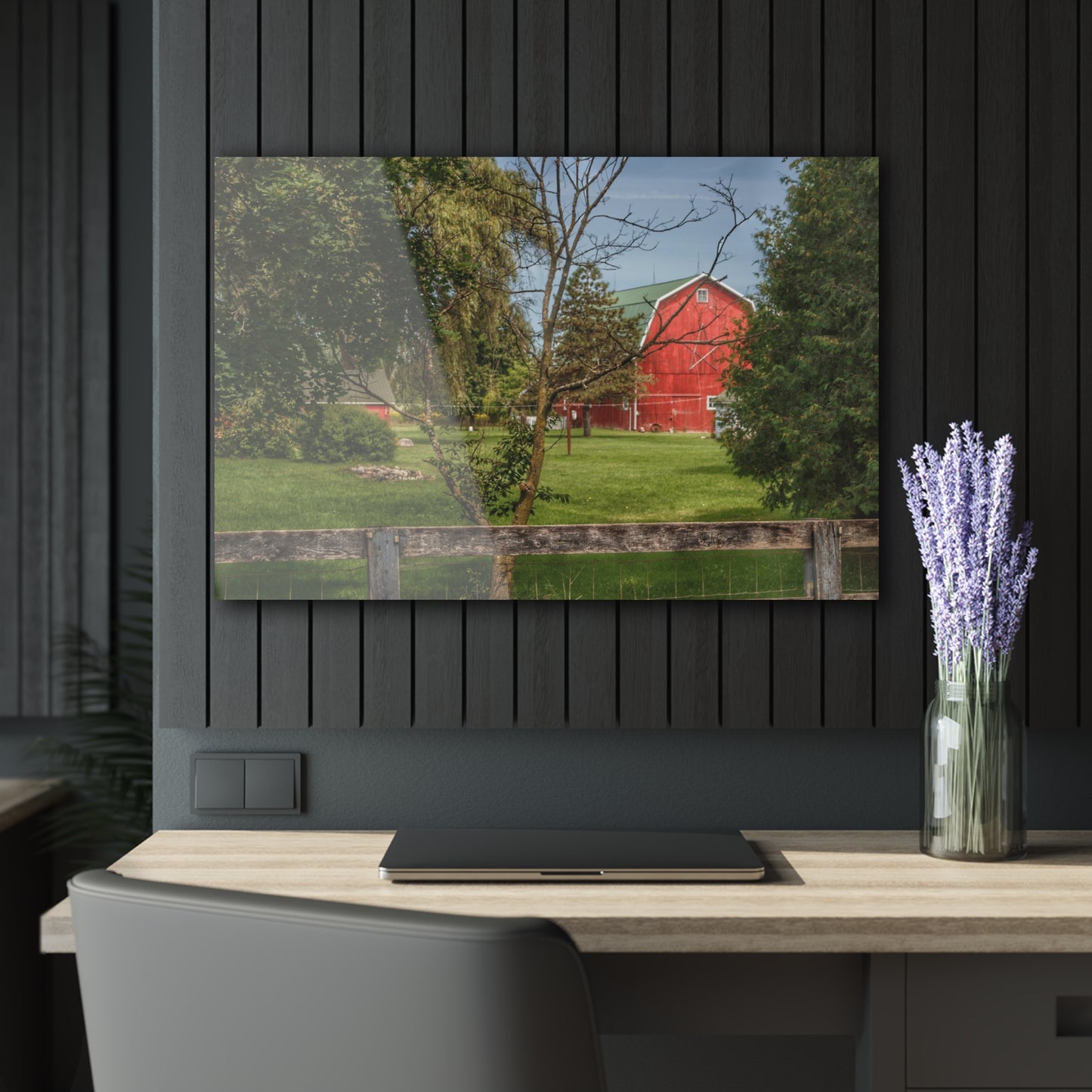 U R There Photography Roadside Red Beyond the Fence Rustic Farmhouse Acrylic Wall Print